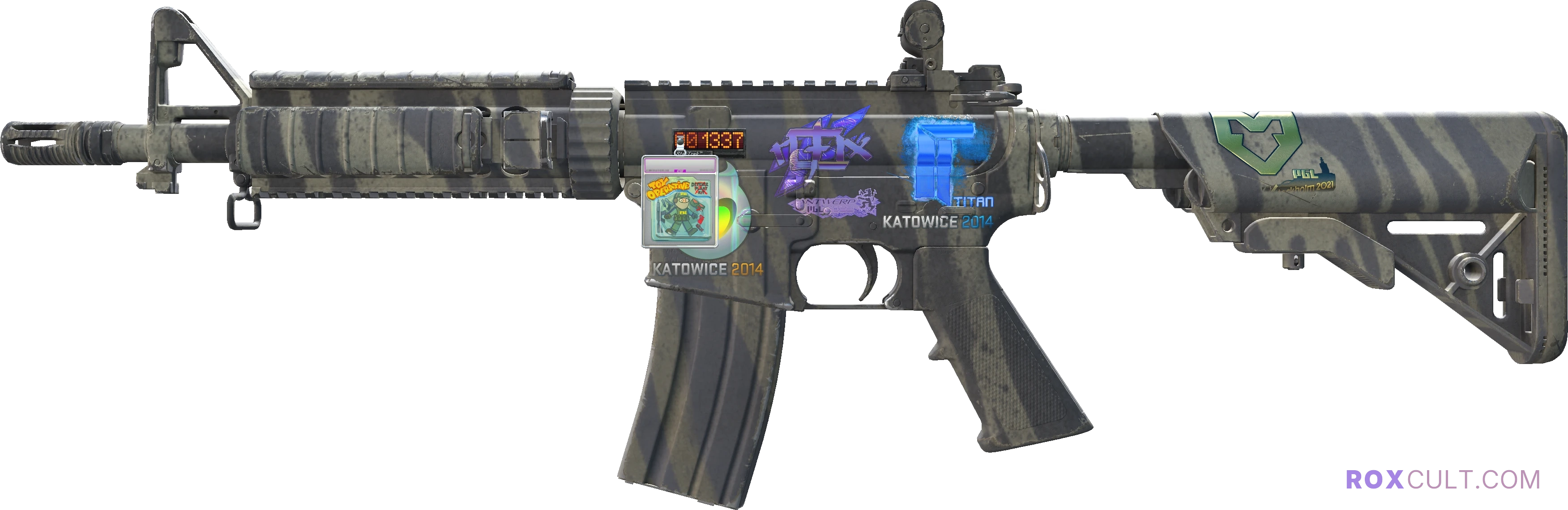 StatTrak™ M4A4 | Faded Zebra (Minimal Wear) — rox (Holo) Antwerp 2022 craft, playside view with 1 rox (Holo) sticker