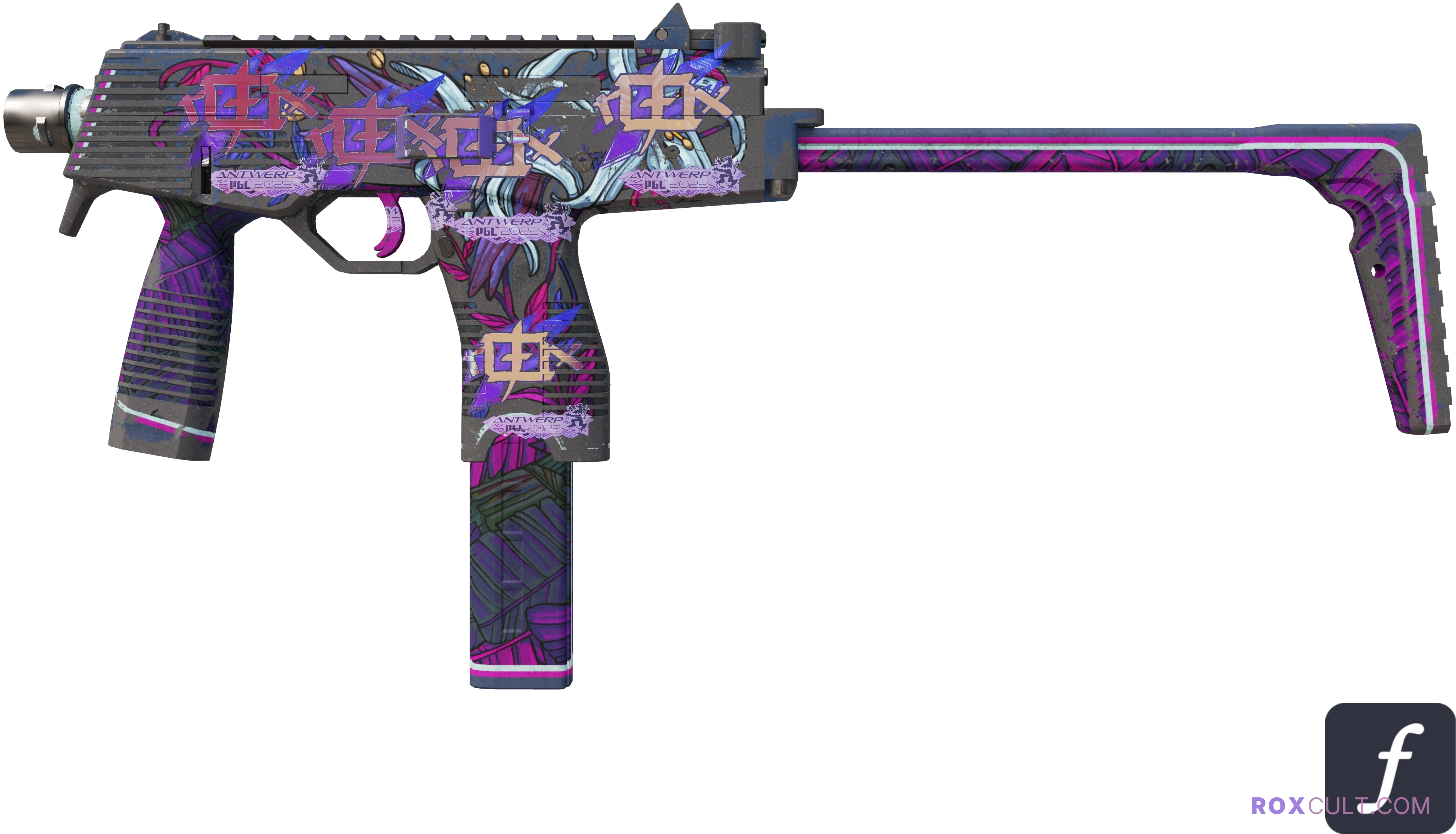 MP9 | Wild Lily (Battle-Scarred) — rox (Holo) Antwerp 2022 craft, playside view with 5 rox (Holo) stickers