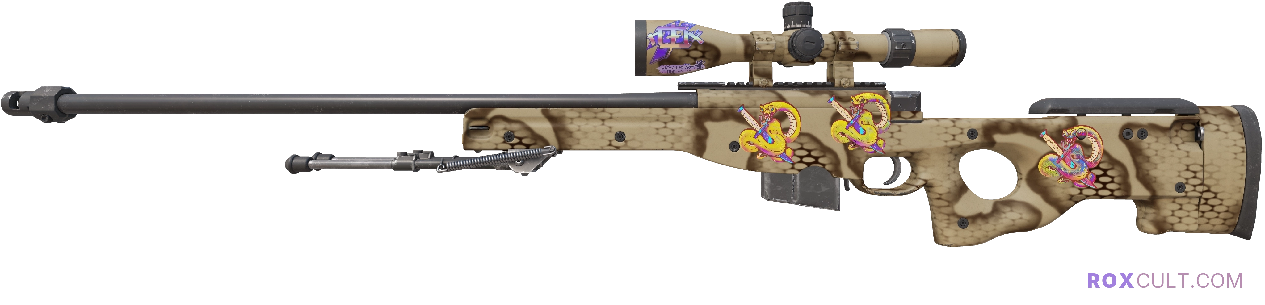 AWP | Snake Camo (Factory New) — rox (Holo) Antwerp 2022 craft, playside view with 1 rox (Holo) sticker