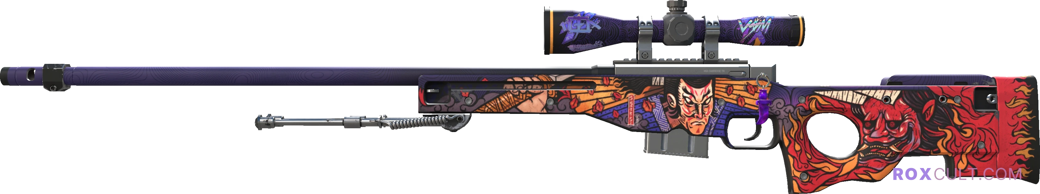 AWP | Oni Taiji (Factory New) — rox (Holo) Antwerp 2022 craft, playside view with 1 rox (Holo) sticker