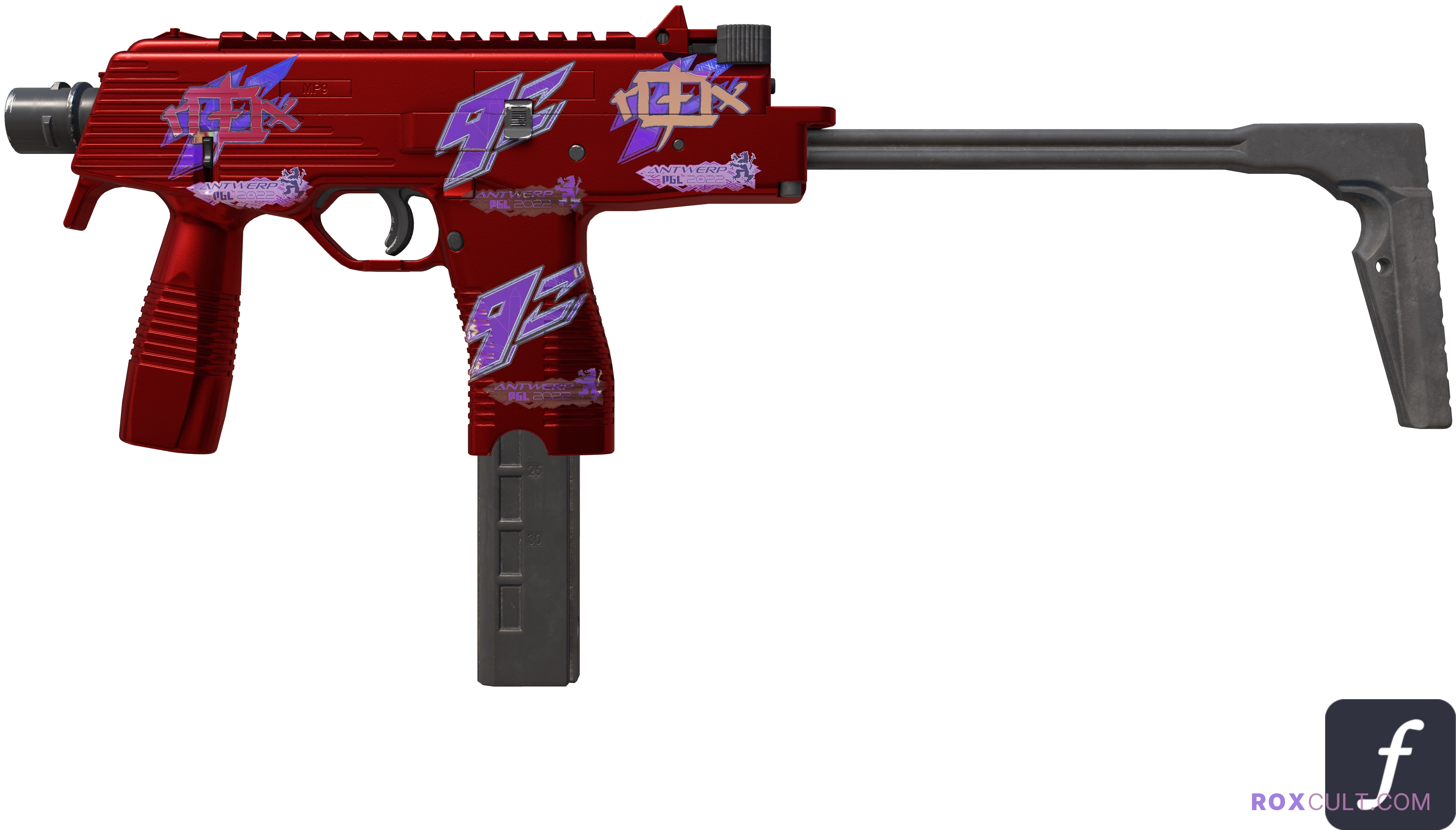 MP9 | Hot Rod (Factory New) — rox (Holo) Antwerp 2022 craft, playside view with 2 rox (Holo) stickers