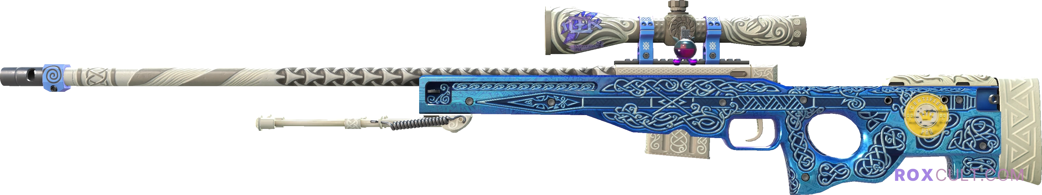 AWP | Gungnir (Factory New) — rox (Holo) Antwerp 2022 craft, playside view with 1 rox (Holo) sticker