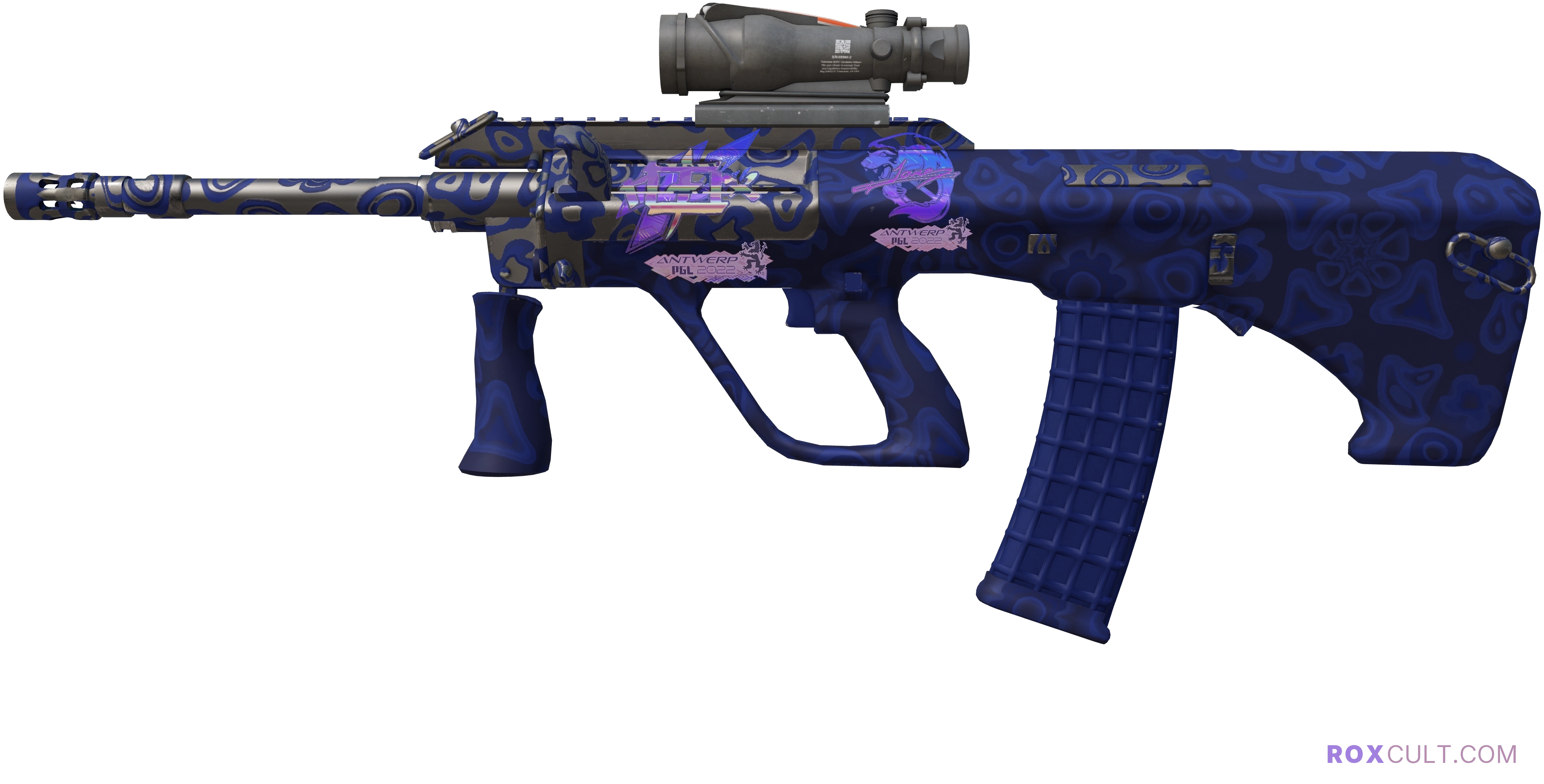 AUG | Navy Murano (Factory New) — rox (Holo) Antwerp 2022 craft, playside view with 1 rox (Holo) sticker