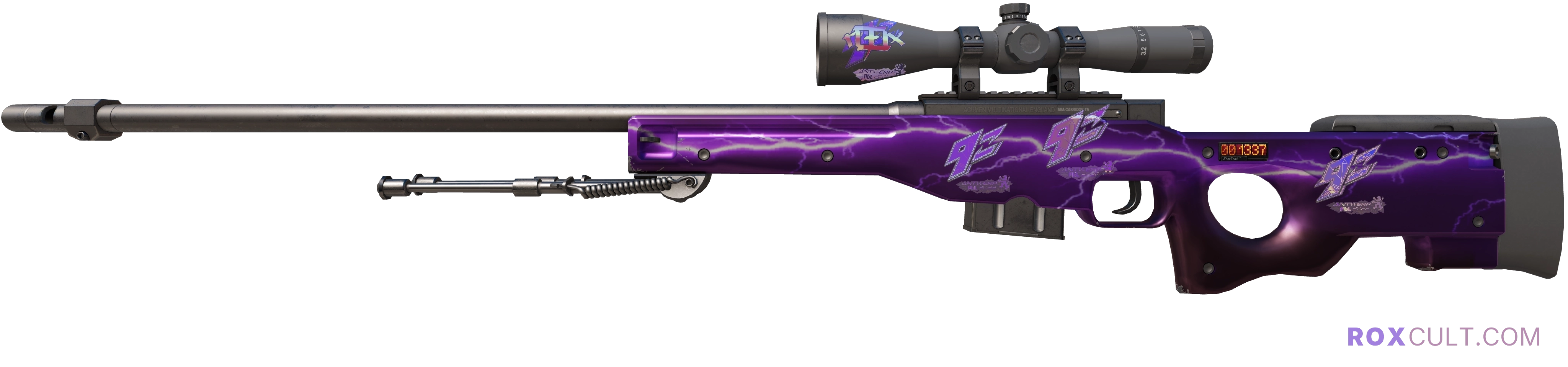 StatTrak™ AWP | Lightning Strike (Factory New) — rox (Holo) Antwerp 2022 craft, playside view with 1 rox (Holo) sticker