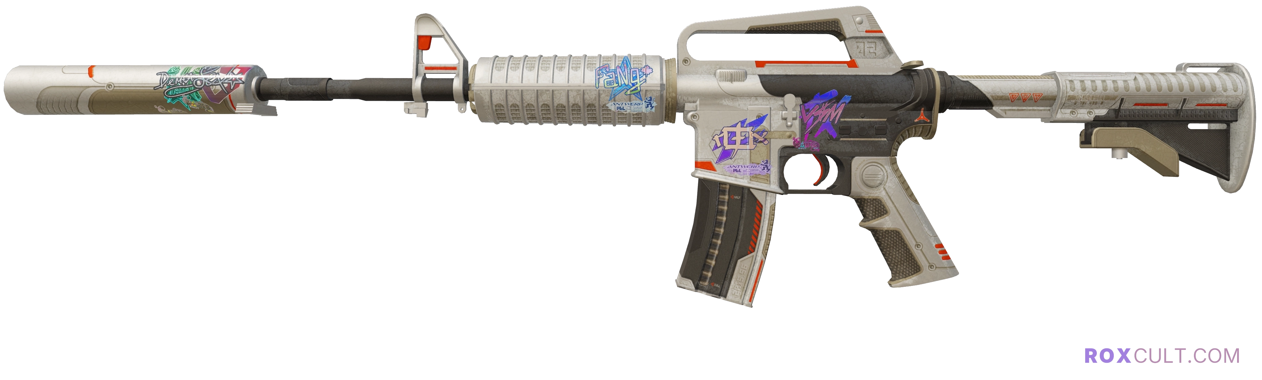 M4A1-S | Mecha Industries (Field-Tested) — rox (Holo) Antwerp 2022 craft, playside view with 1 rox (Holo) sticker