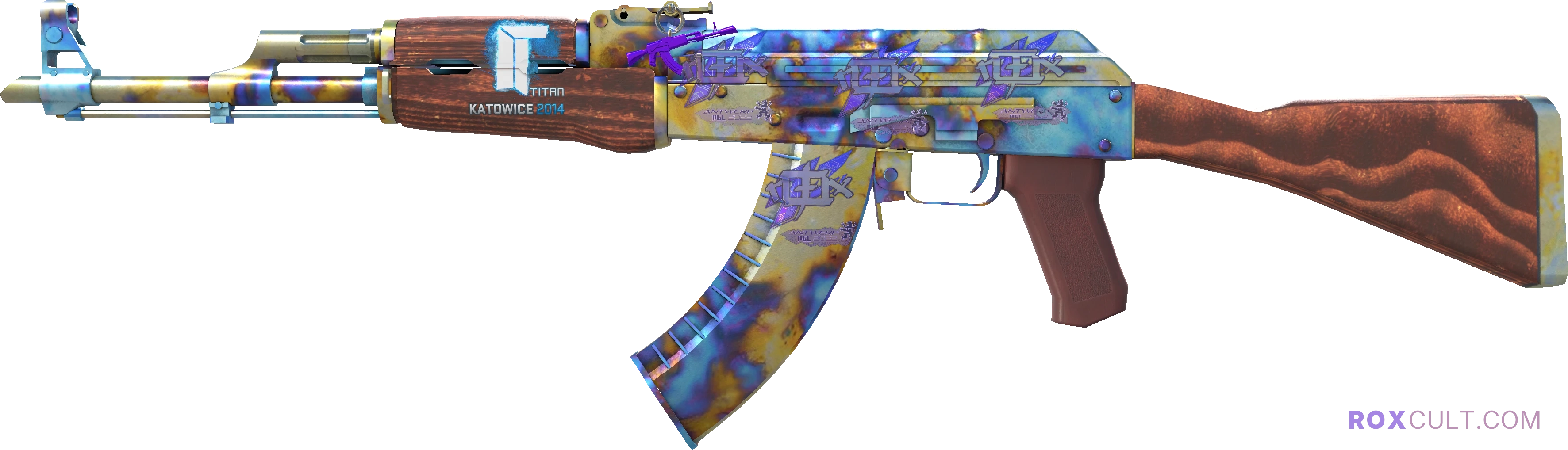 AK-47 | Case Hardened (Minimal Wear) — rox (Holo) Antwerp 2022 craft, playside view with 4 rox (Holo) stickers