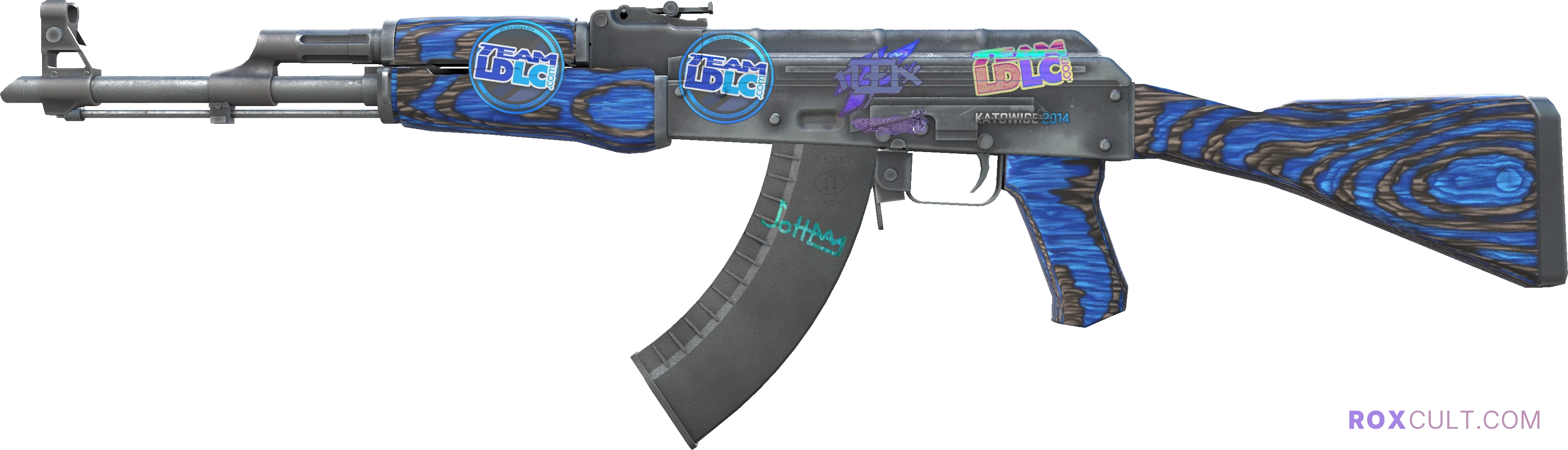 AK-47 | Blue Laminate (Field-Tested) — rox (Holo) Antwerp 2022 craft, playside view with 1 rox (Holo) sticker