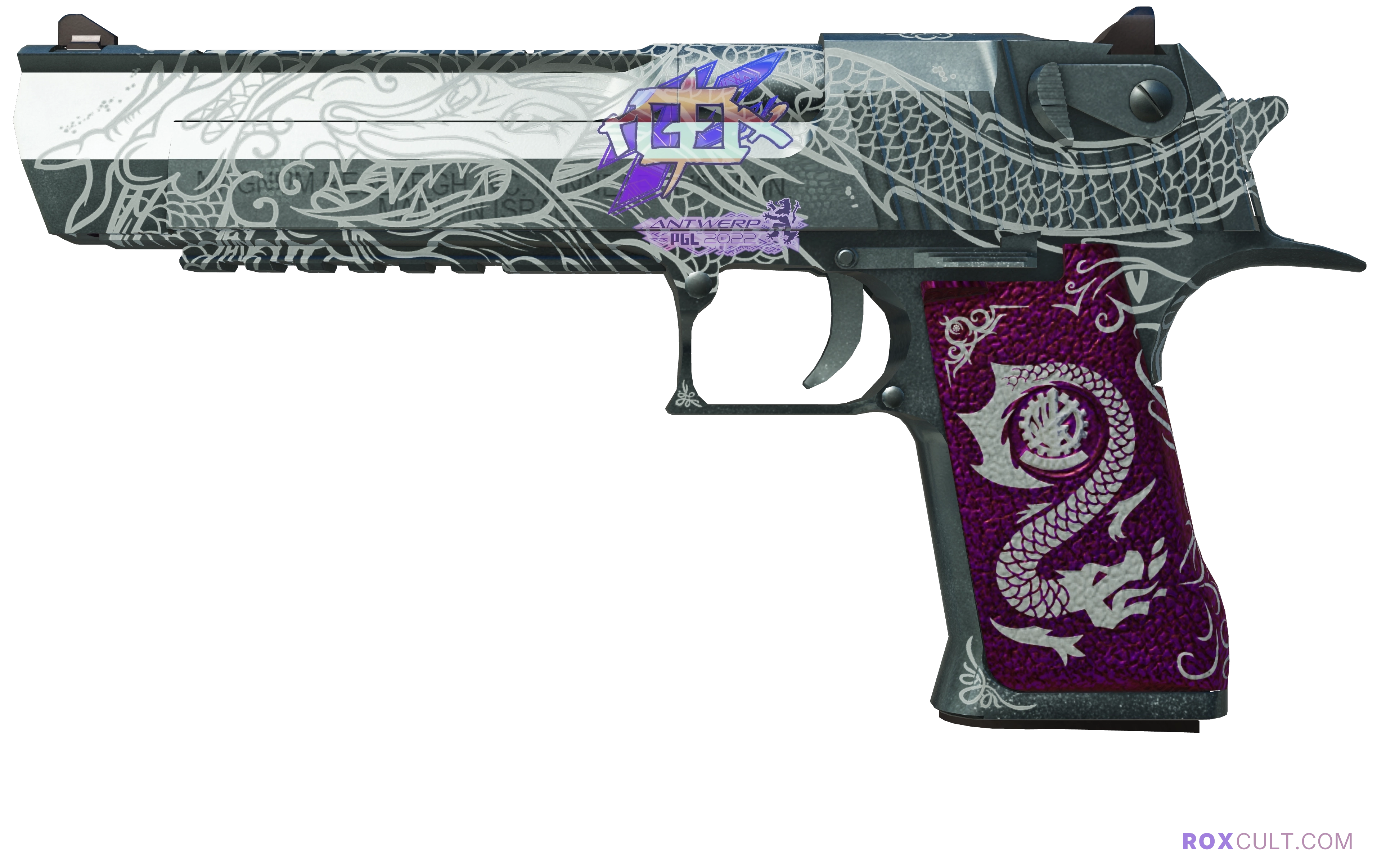 Desert Eagle | Kumicho Dragon (Factory New) — rox (Holo) Antwerp 2022 craft, playside view with 1 rox (Holo) sticker