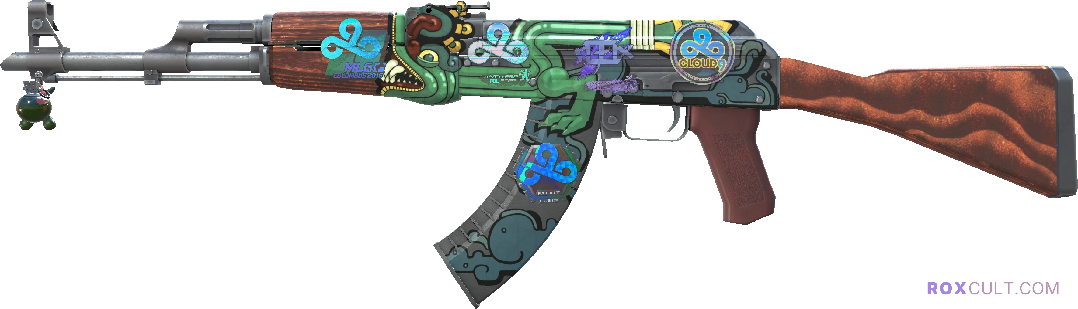AK-47 | Fire Serpent (Minimal Wear) — rox (Holo) Antwerp 2022 craft, playside view with 1 rox (Holo) sticker