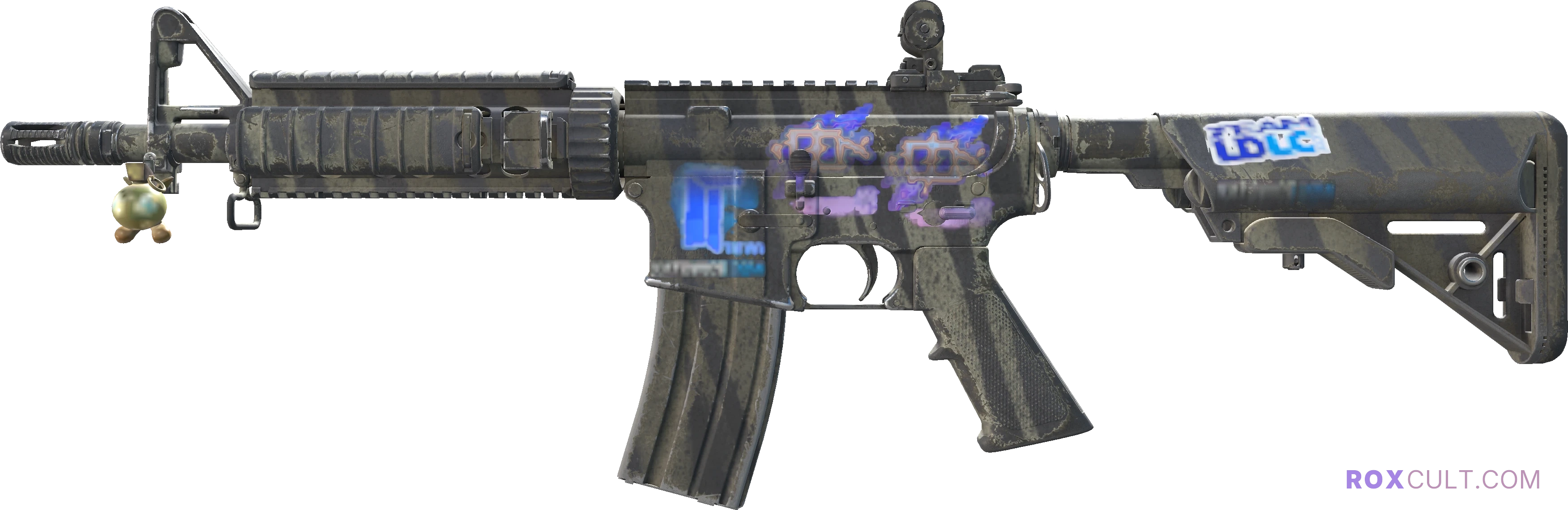 M4A4 | Faded Zebra (Field-Tested) — rox (Holo) Antwerp 2022 craft, playside view with 2 rox (Holo) stickers