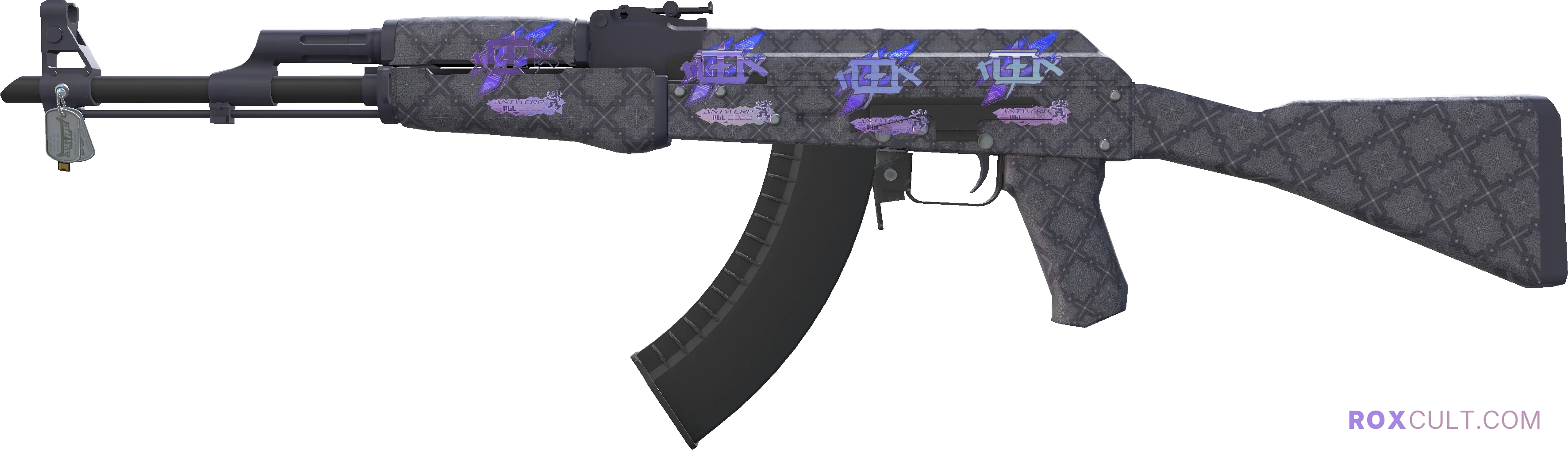AK-47 | Baroque Purple (Factory New) — rox (Holo) Antwerp 2022 craft, playside view with 4 rox (Holo) stickers