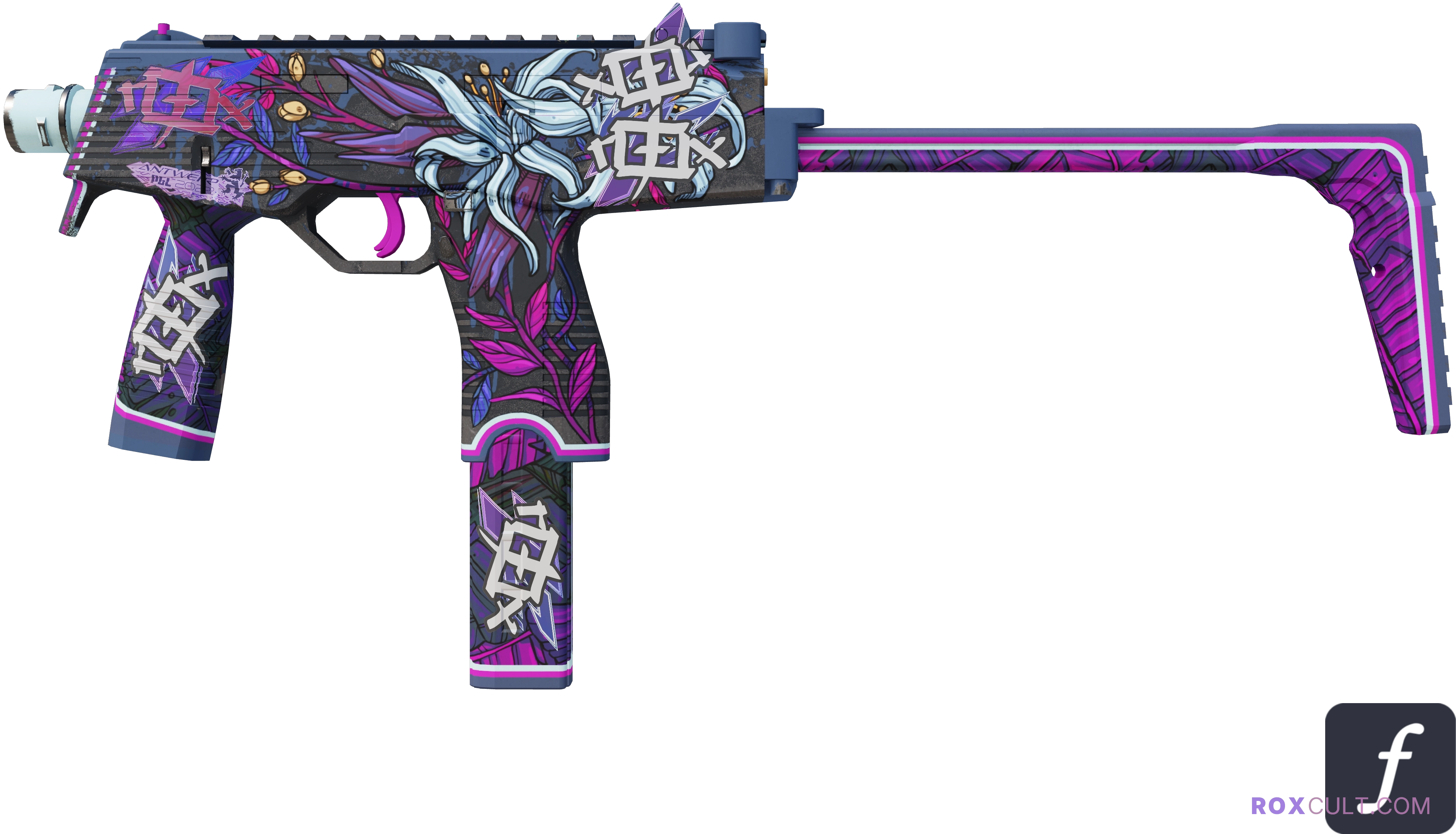 MP9 | Wild Lily (Factory New) — rox (Holo) Antwerp 2022 craft, playside view with 1 rox (Holo) sticker