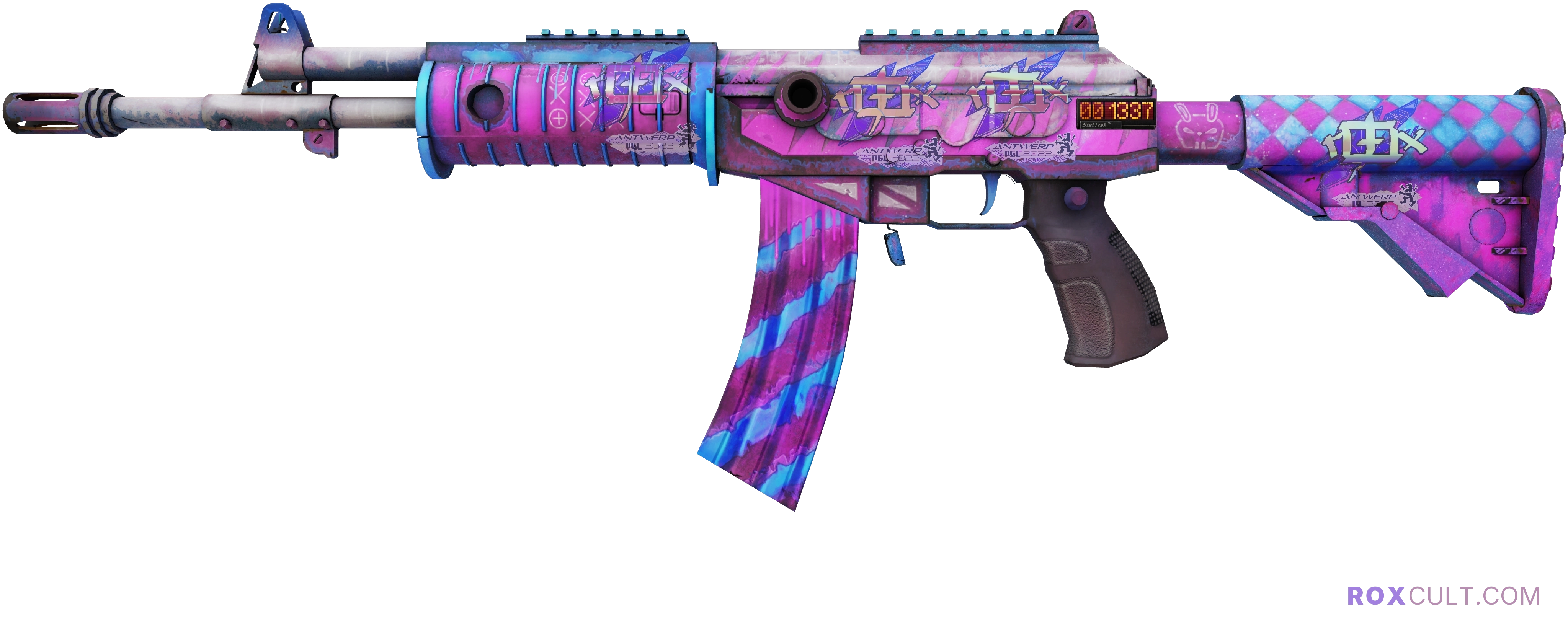 StatTrak™ Galil AR | Sugar Rush (Factory New) — rox (Holo) Antwerp 2022 craft, playside view with 4 rox (Holo) stickers