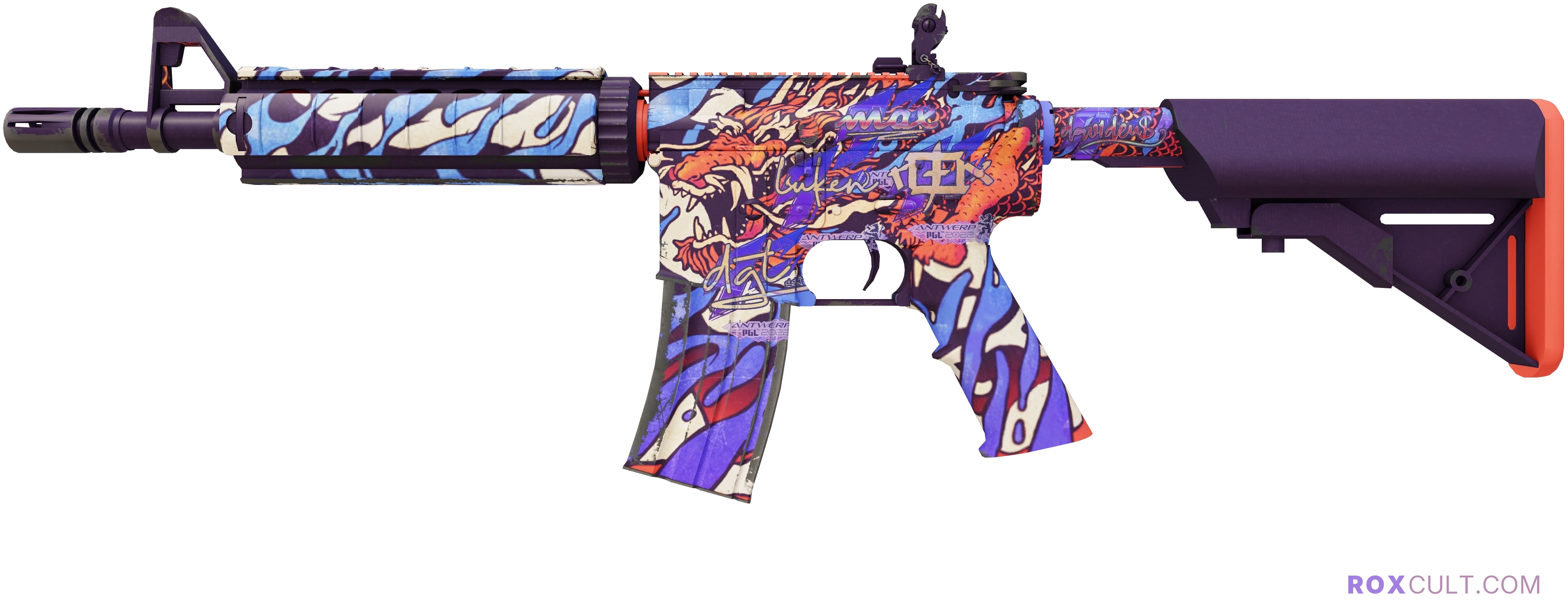 M4A4 | 龍王 (Dragon King) (Factory New) — rox (Holo) Antwerp 2022 craft, playside view with 1 rox (Holo) sticker