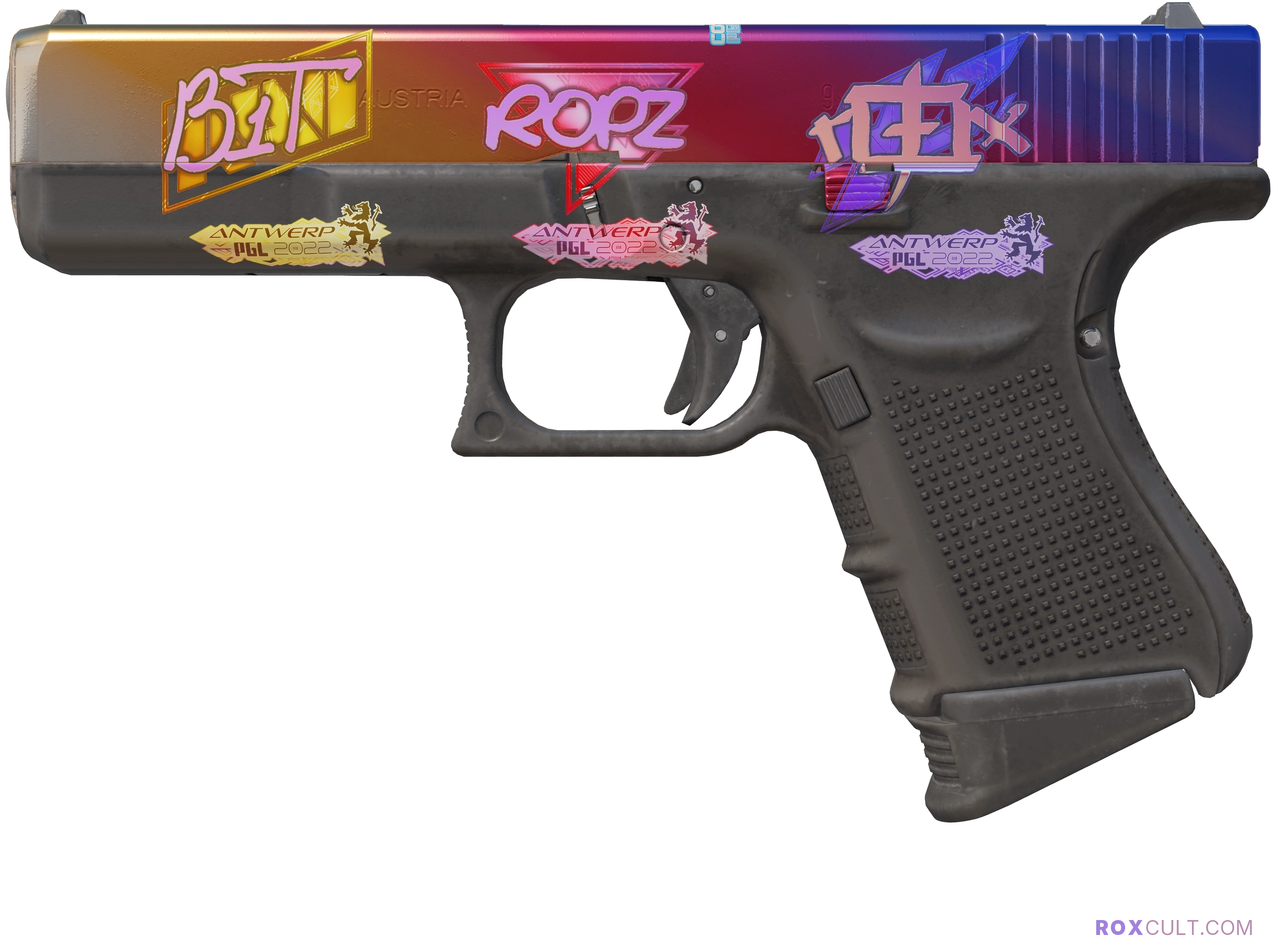 Glock-18 | Fade (Factory New) — rox (Holo) Antwerp 2022 craft, playside view with 1 rox (Holo) sticker