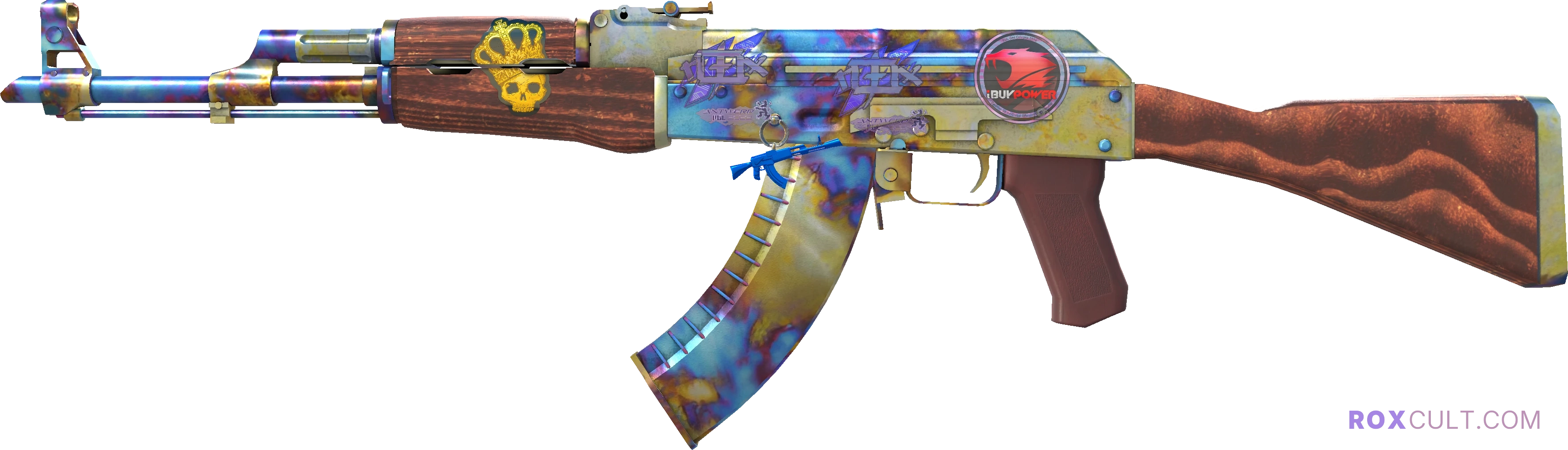 AK-47 | Case Hardened (Minimal Wear) — rox (Holo) Antwerp 2022 craft, playside view with 2 rox (Holo) stickers