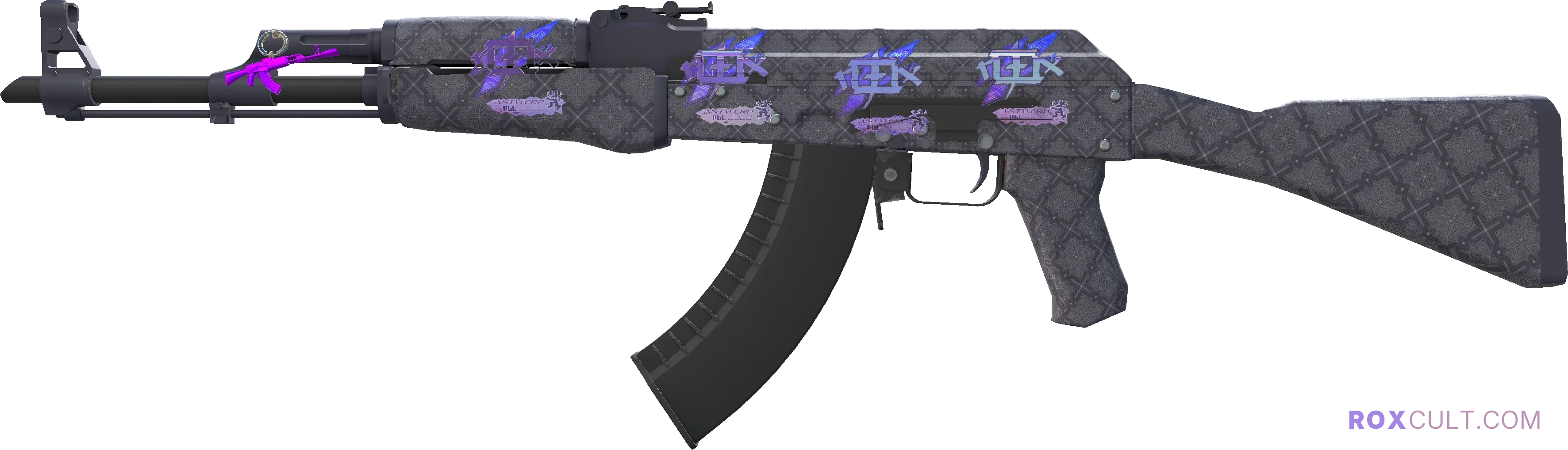 AK-47 | Baroque Purple (Factory New) — rox (Holo) Antwerp 2022 craft, playside view with 4 rox (Holo) stickers