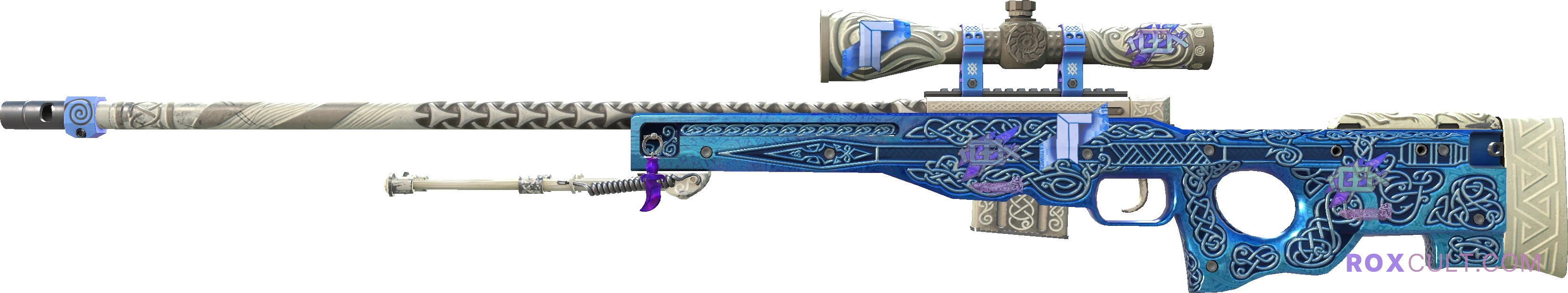 AWP | Gungnir (Field-Tested) — rox (Holo) Antwerp 2022 craft, playside view with 3 rox (Holo) stickers