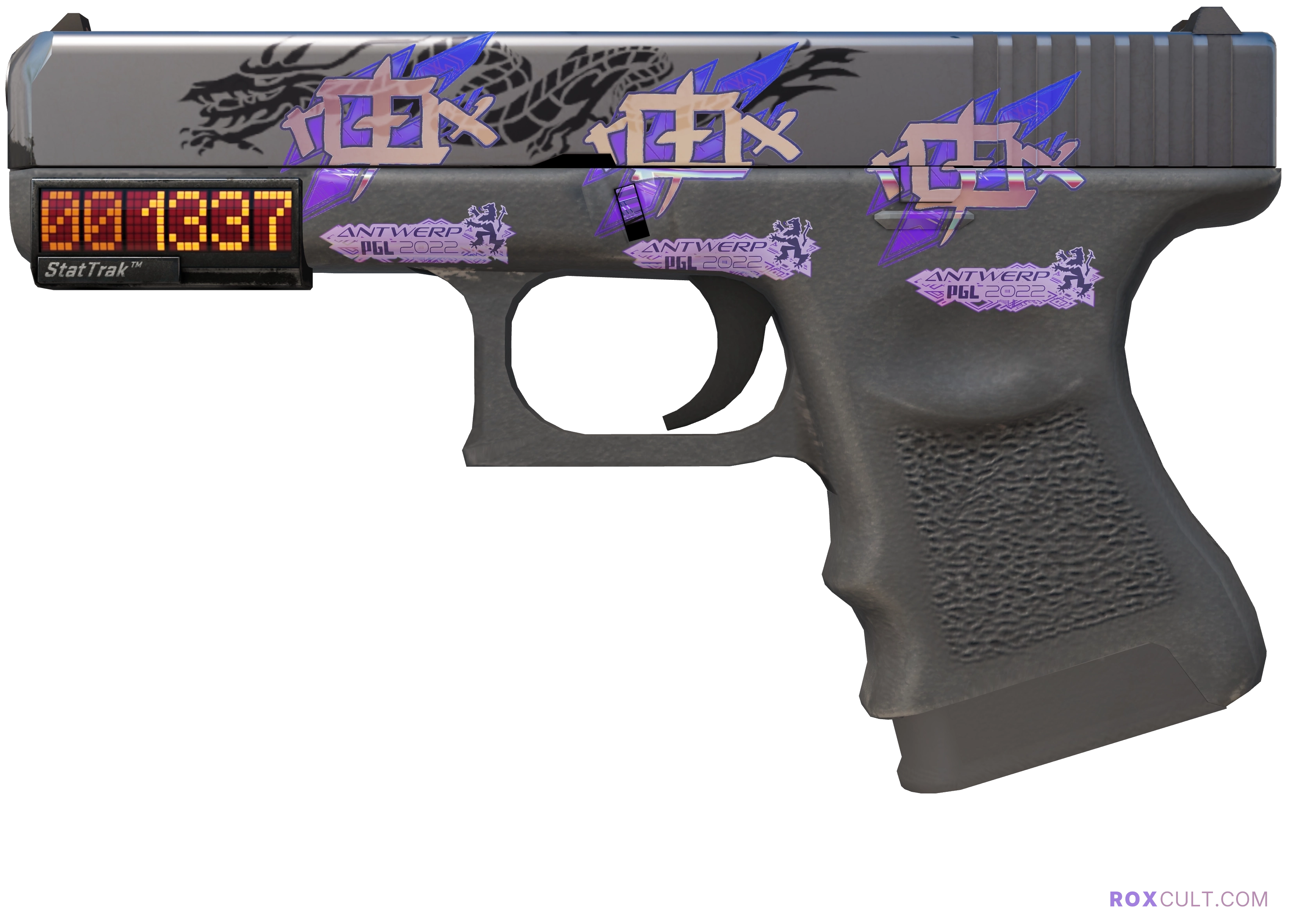 StatTrak™ Glock-18 | Dragon Tattoo (Minimal Wear) — rox (Holo) Antwerp 2022 craft, playside view with 3 rox (Holo) stickers