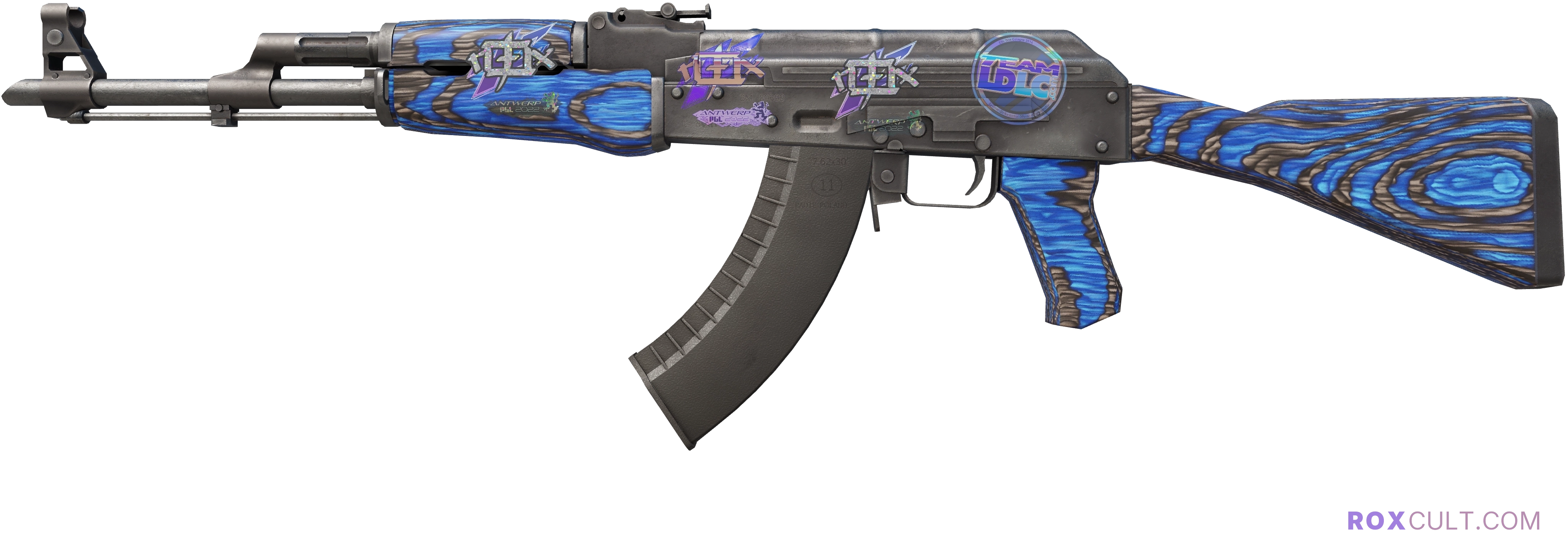AK-47 | Blue Laminate (Field-Tested) — rox (Holo) Antwerp 2022 craft, playside view with 1 rox (Holo) sticker