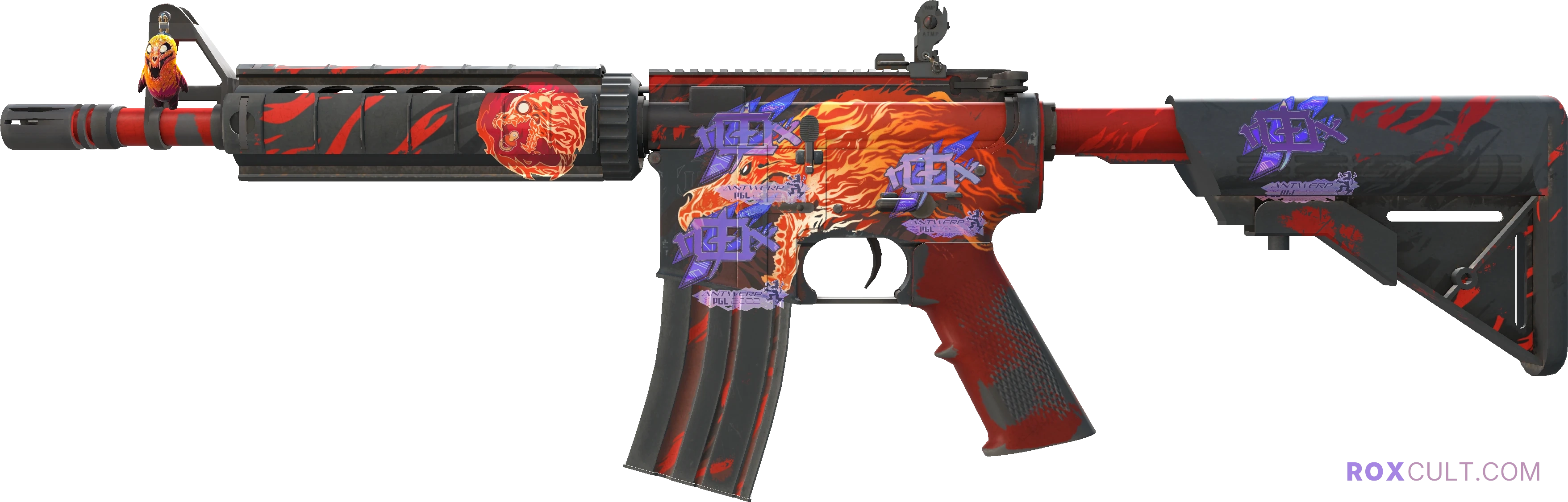 M4A4 | Howl (Field-Tested) — rox (Holo) Antwerp 2022 craft, playside view with 4 rox (Holo) stickers