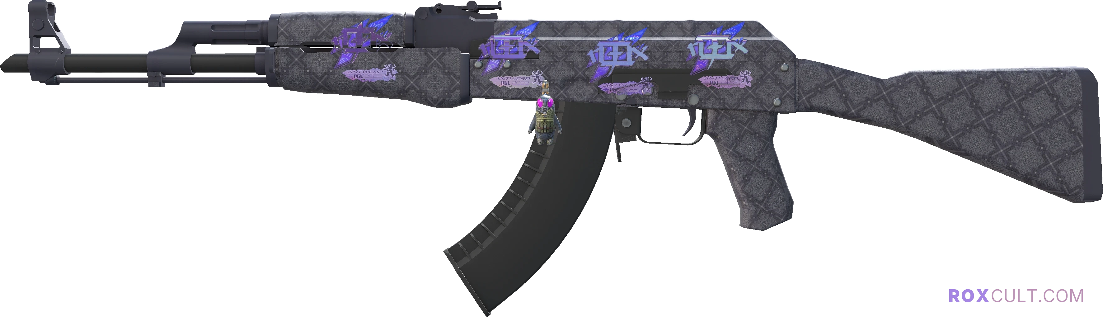 AK-47 | Baroque Purple (Factory New) — rox (Holo) Antwerp 2022 craft, playside view with 4 rox (Holo) stickers