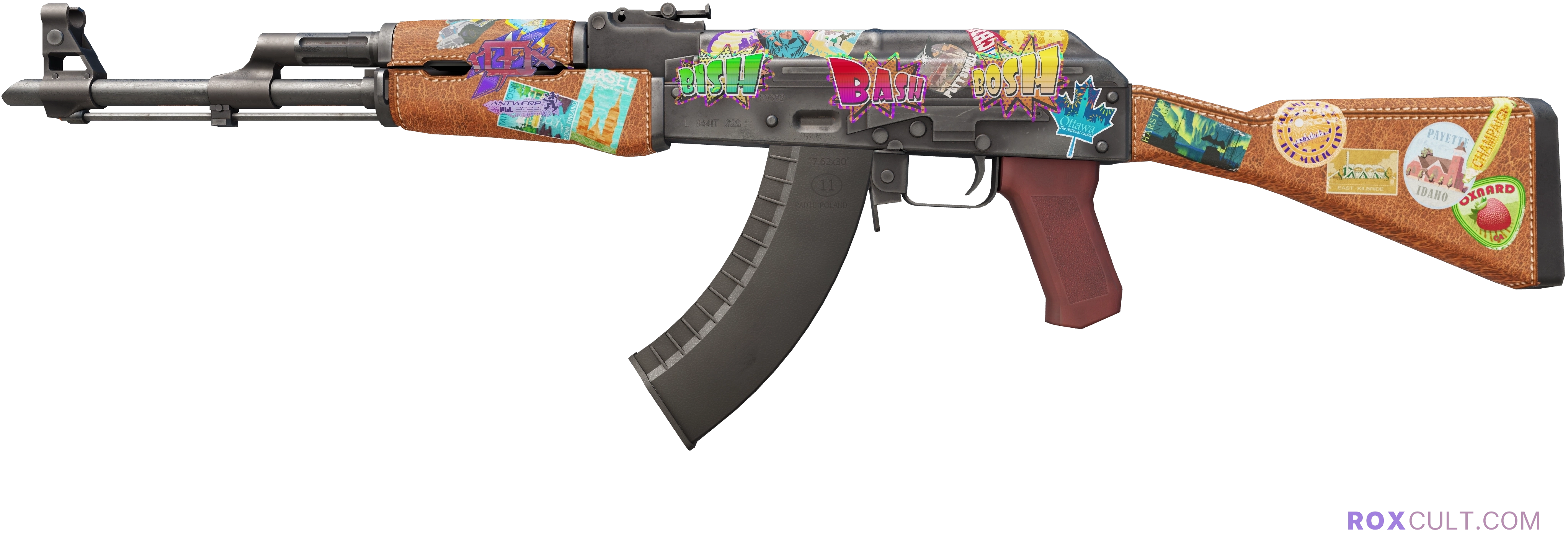 AK-47 | Jet Set (Minimal Wear) — rox (Holo) Antwerp 2022 craft, playside view with 1 rox (Holo) sticker