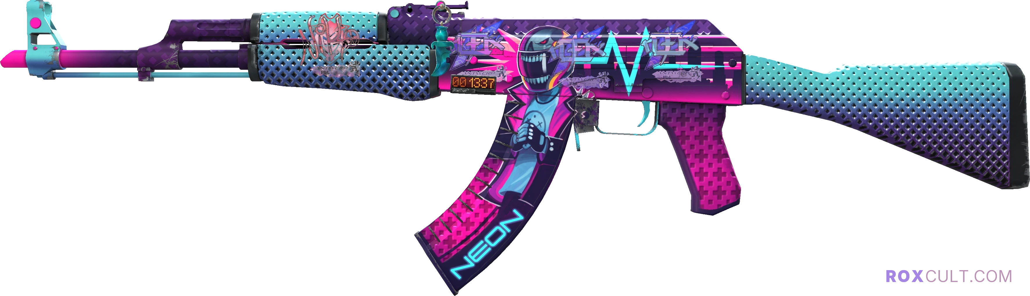 StatTrak™ AK-47 | Neon Rider (Minimal Wear) — rox (Holo) Antwerp 2022 craft, playside view with 3 rox (Holo) stickers