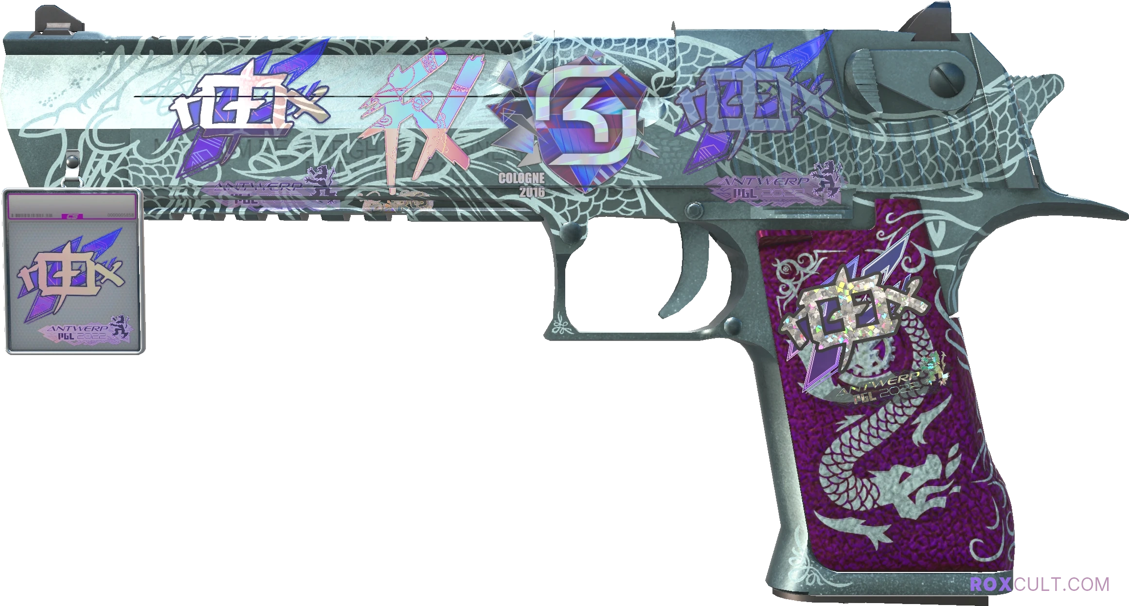 Desert Eagle | Kumicho Dragon (Minimal Wear) — rox (Holo) Antwerp 2022 craft, playside view with 2 rox (Holo) stickers