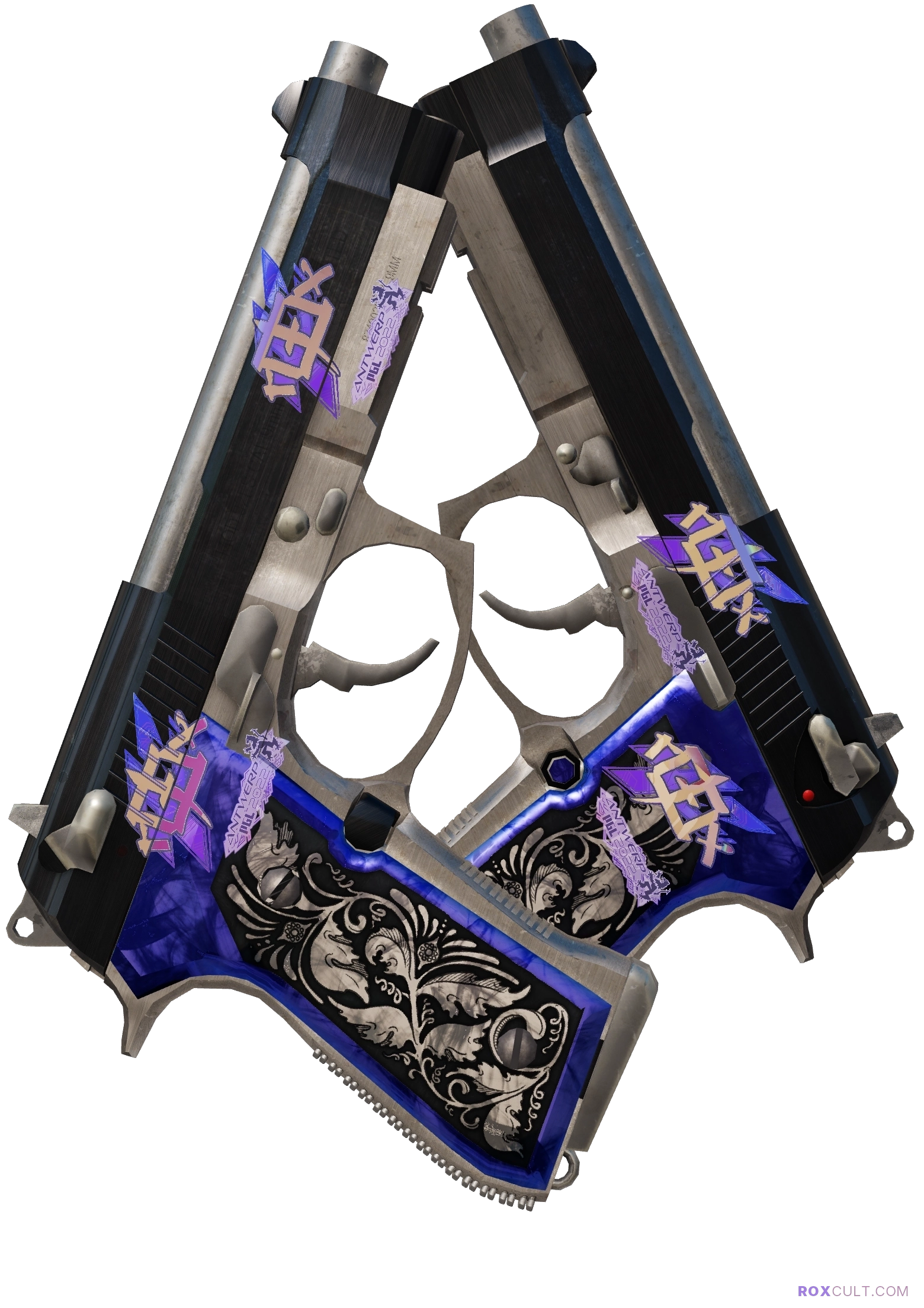 Dual Berettas | Duelist (Factory New) — rox (Holo) Antwerp 2022 craft, playside view with 4 rox (Holo) stickers