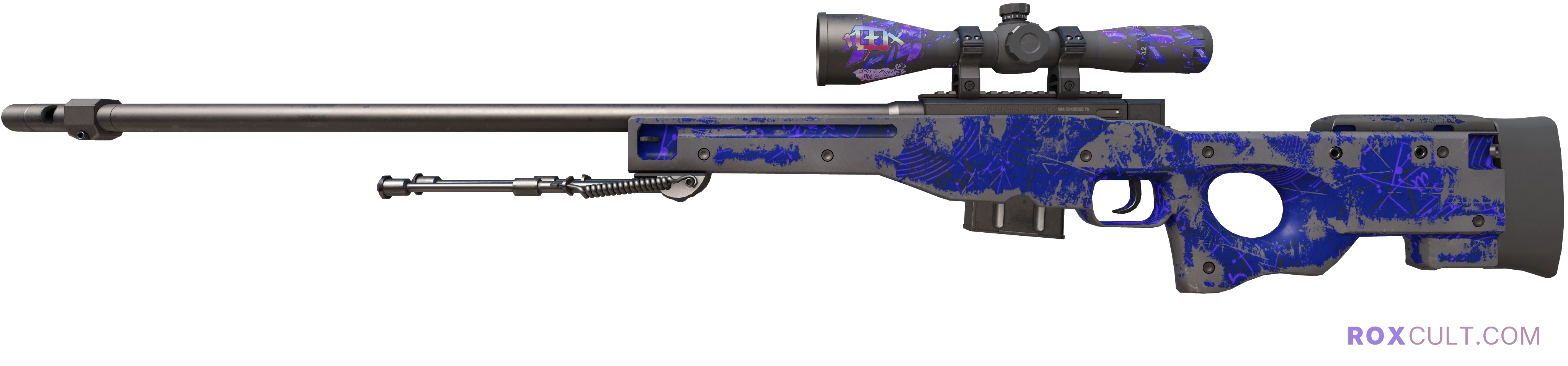 AWP | Sun in Leo (Battle-Scarred) — rox (Holo) Antwerp 2022 craft, playside view with 1 rox (Holo) sticker