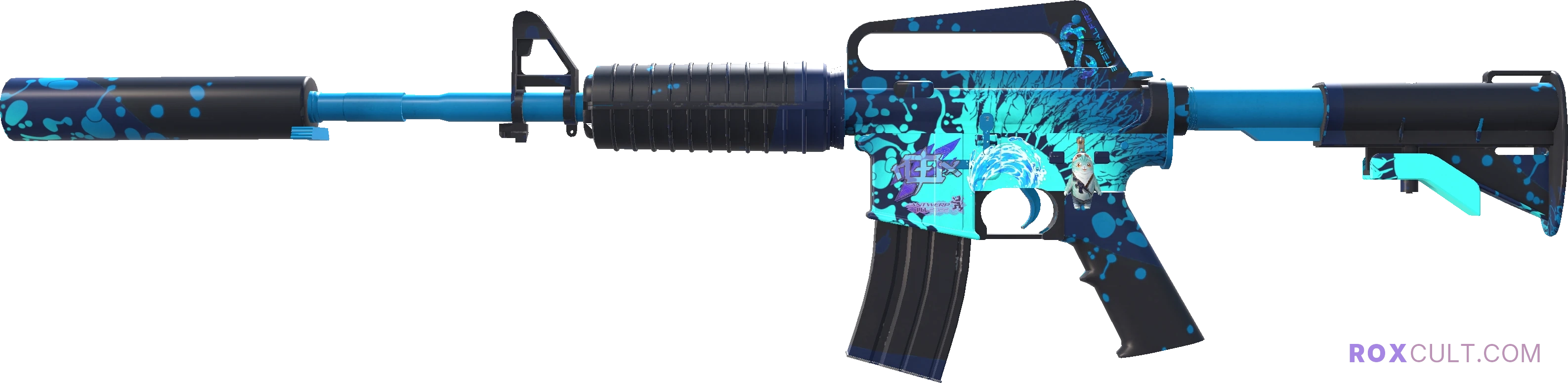 M4A1-S | Icarus Fell (Factory New) — rox (Holo) Antwerp 2022 craft, playside view with 1 rox (Holo) sticker