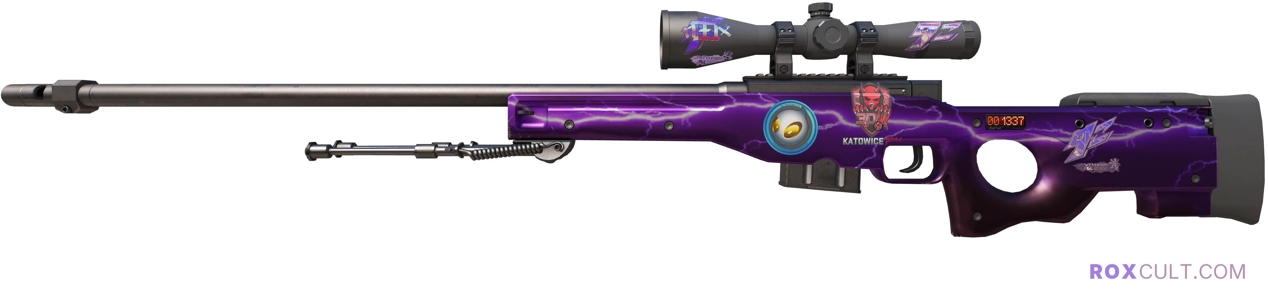 StatTrak™ AWP | Lightning Strike (Factory New) — rox (Holo) Antwerp 2022 craft, playside view with 1 rox (Holo) sticker