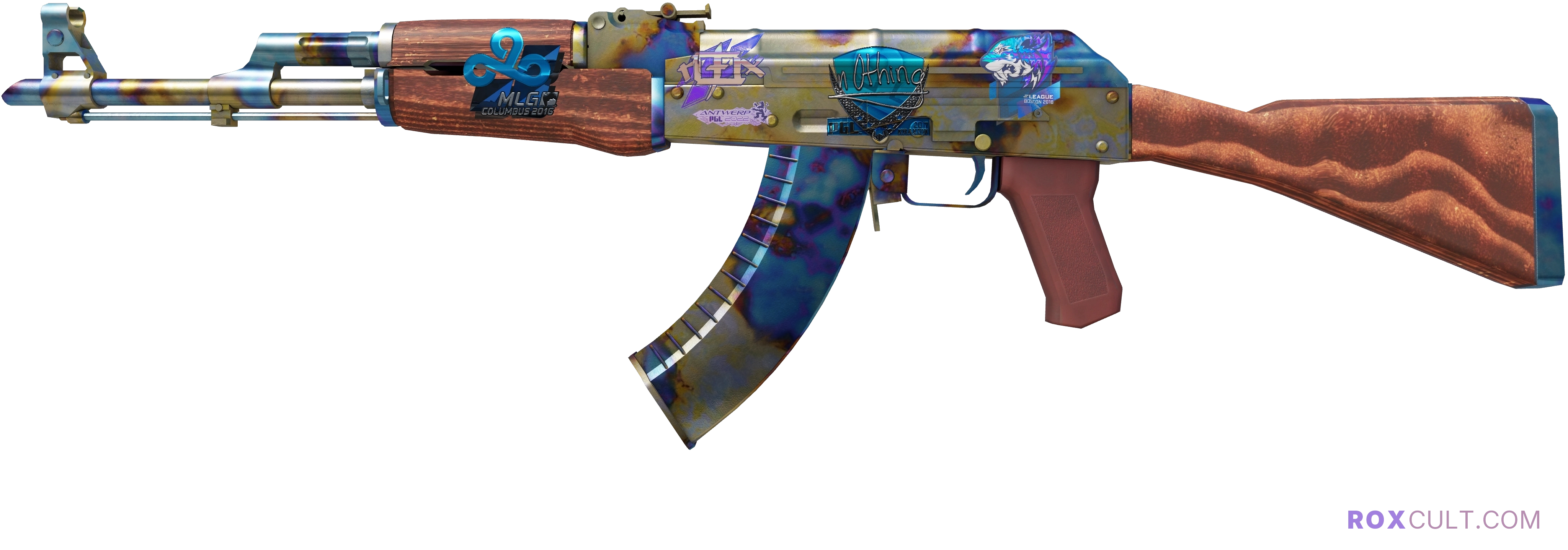 AK-47 | Case Hardened (Minimal Wear) — rox (Holo) Antwerp 2022 craft, playside view with 1 rox (Holo) sticker