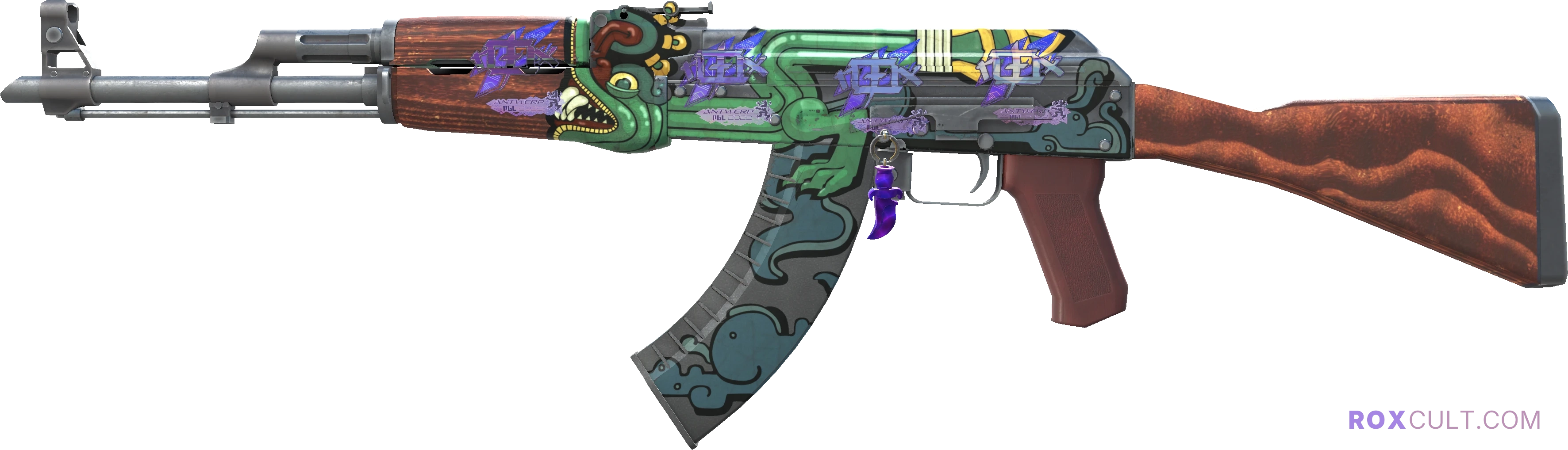 AK-47 | Fire Serpent (Field-Tested) — rox (Holo) Antwerp 2022 craft, playside view with 4 rox (Holo) stickers