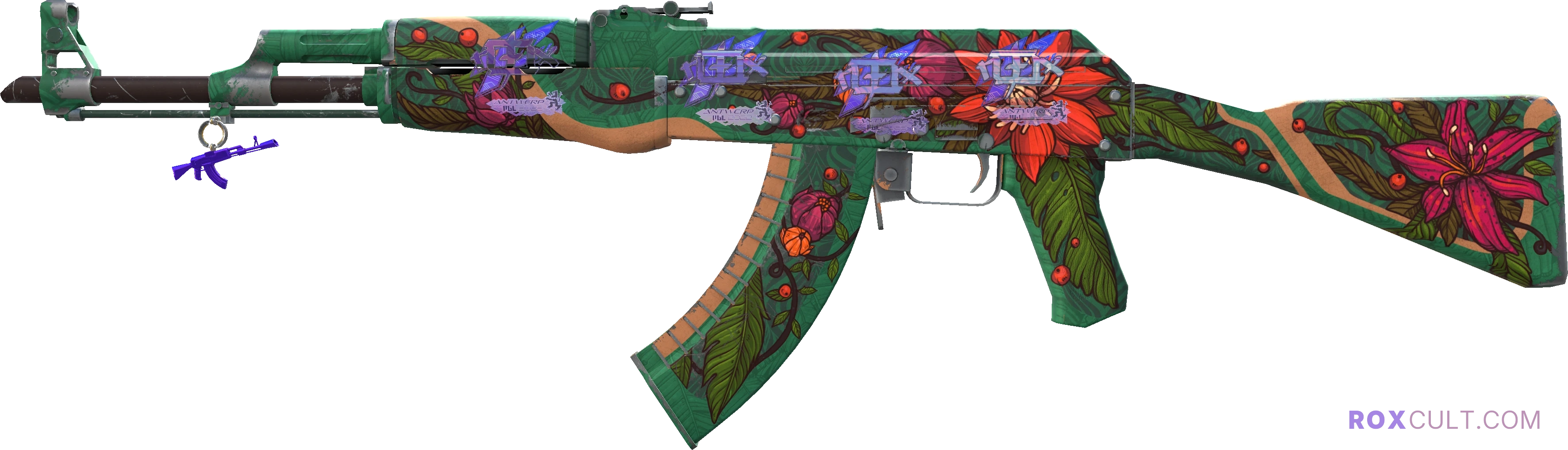 AK-47 | Wild Lotus (Field-Tested) — rox (Holo) Antwerp 2022 craft, playside view with 4 rox (Holo) stickers