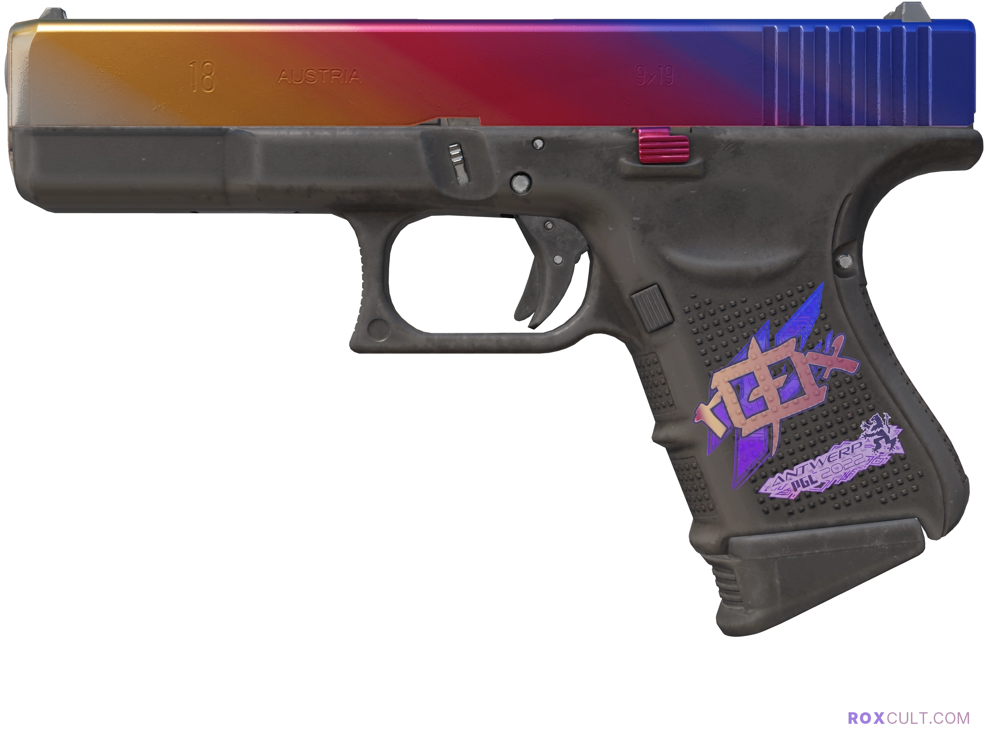 Glock-18 | Fade (Factory New) — rox (Holo) Antwerp 2022 craft, playside view with 1 rox (Holo) sticker