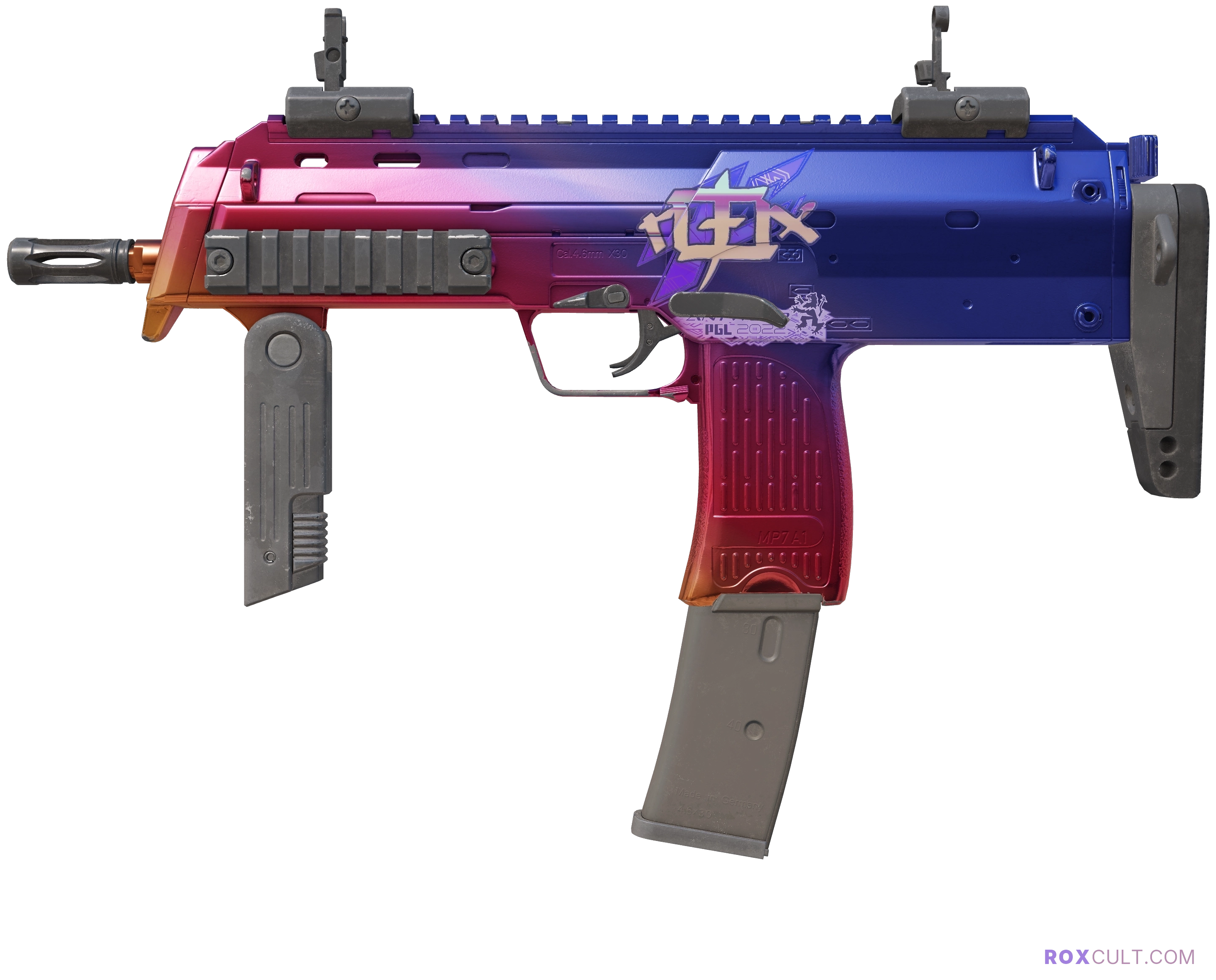 MP7 | Fade (Factory New) — rox (Holo) Antwerp 2022 craft, playside view with 1 rox (Holo) sticker