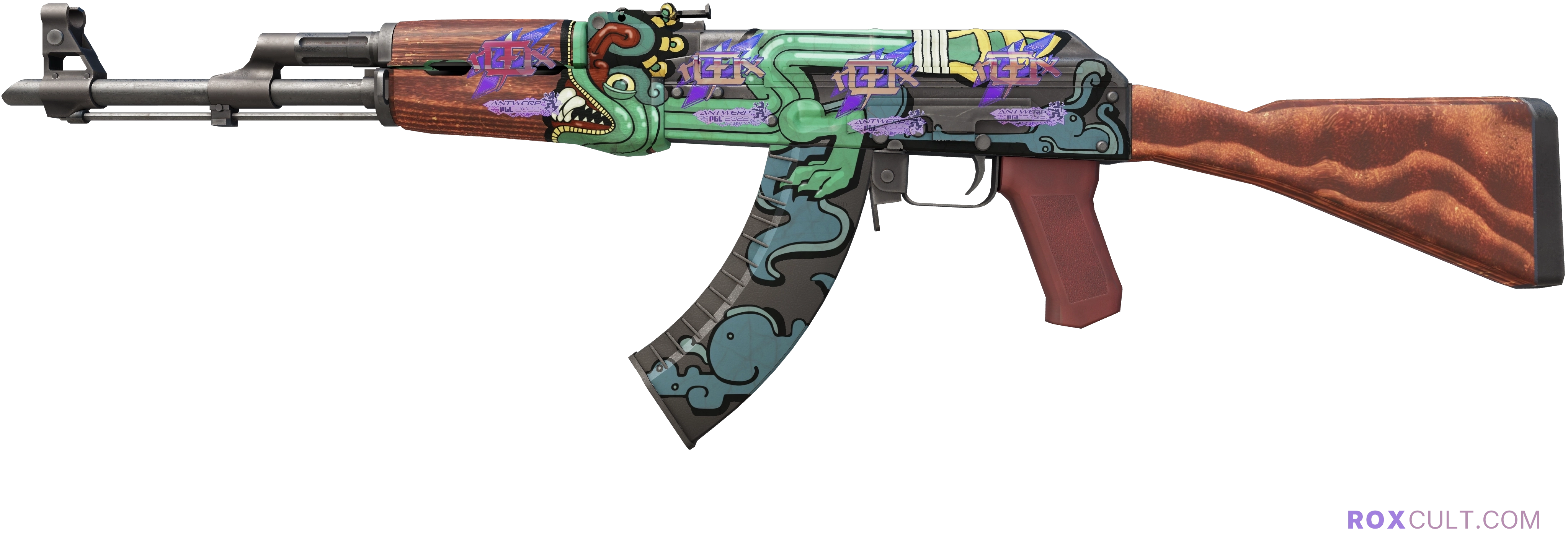AK-47 | Fire Serpent (Minimal Wear) — rox (Holo) Antwerp 2022 craft, playside view with 4 rox (Holo) stickers