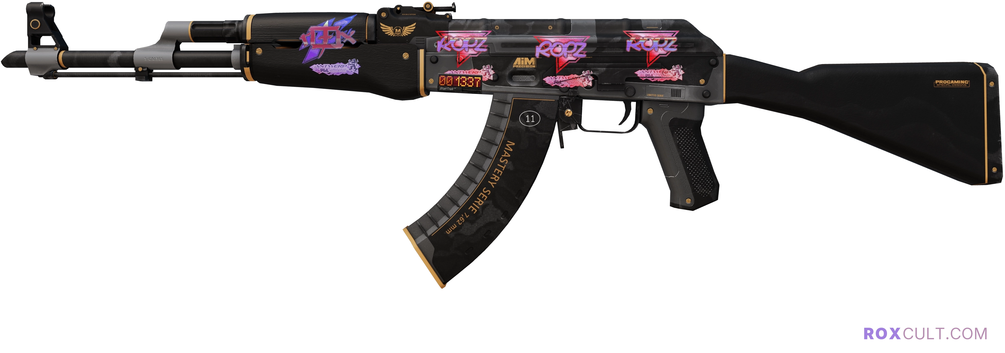 StatTrak™ AK-47 | Elite Build (Factory New) — rox (Holo) Antwerp 2022 craft, playside view with 1 rox (Holo) sticker