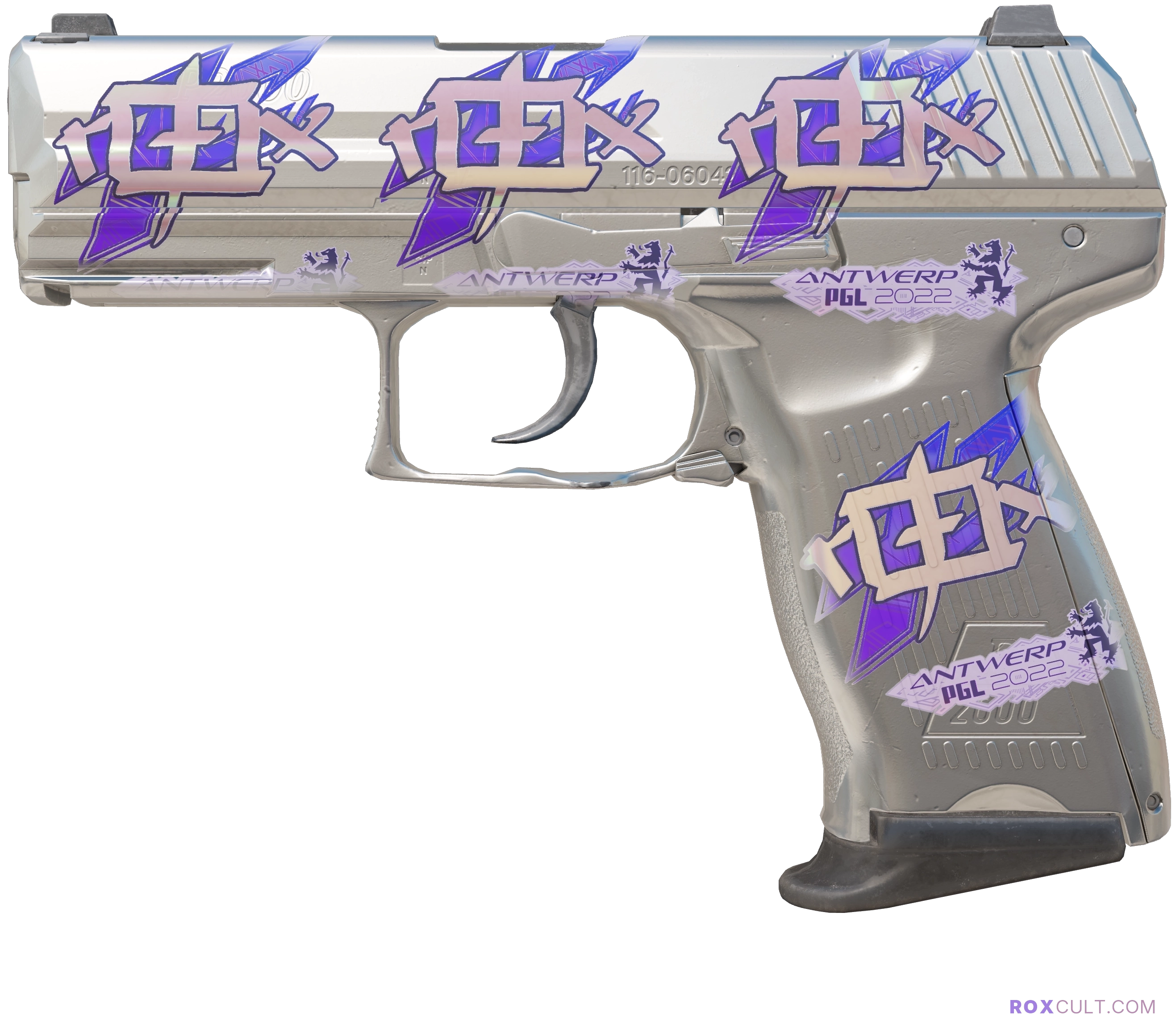 P2000 | Silver (Factory New) — rox (Holo) Antwerp 2022 craft, playside view with 4 rox (Holo) stickers