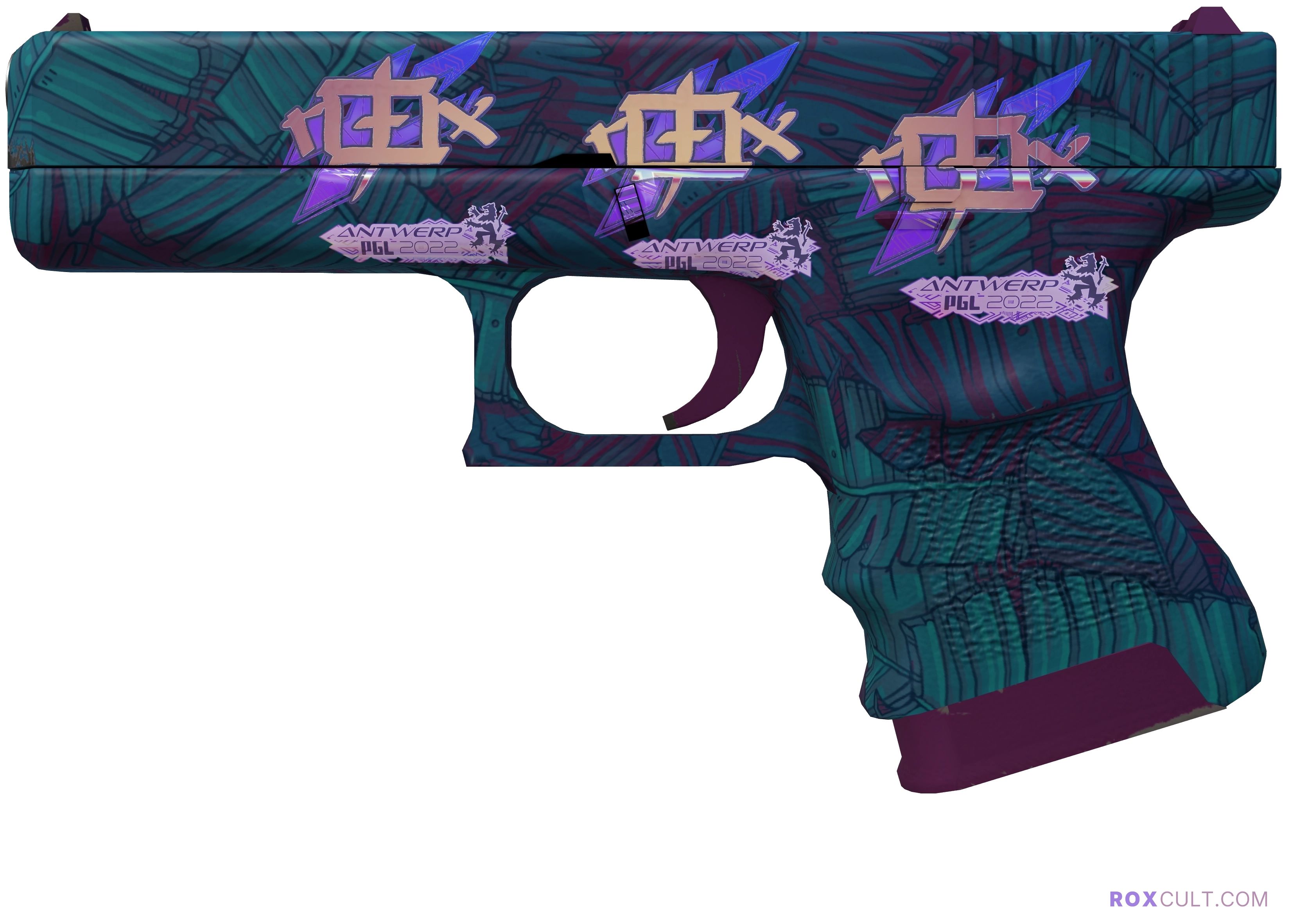 Glock-18 | Synth Leaf (Factory New) — rox (Holo) Antwerp 2022 craft, playside view with 3 rox (Holo) stickers