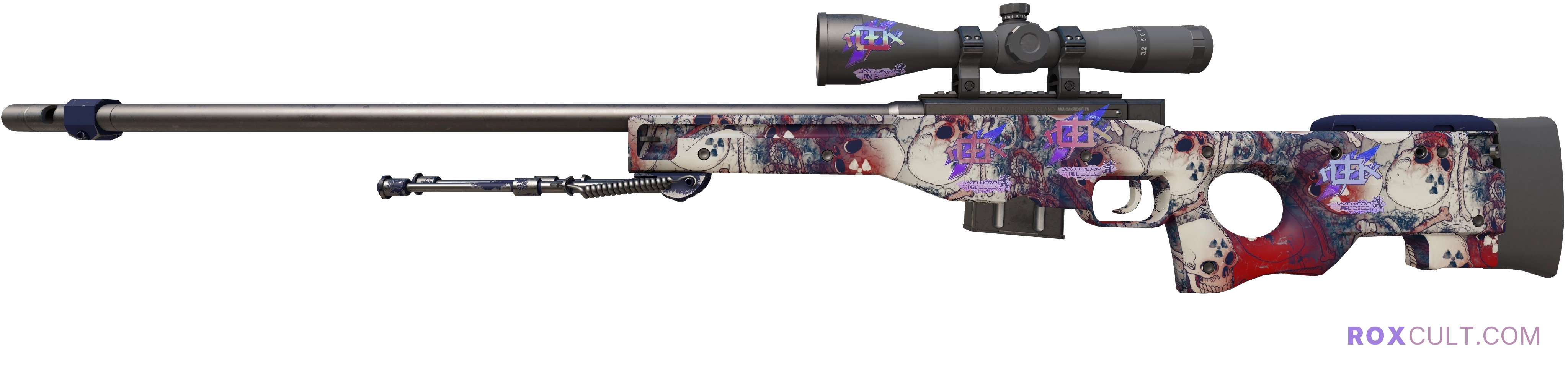 Souvenir AWP | Acheron (Factory New) — rox (Holo) Antwerp 2022 craft, playside view with 4 rox (Holo) stickers