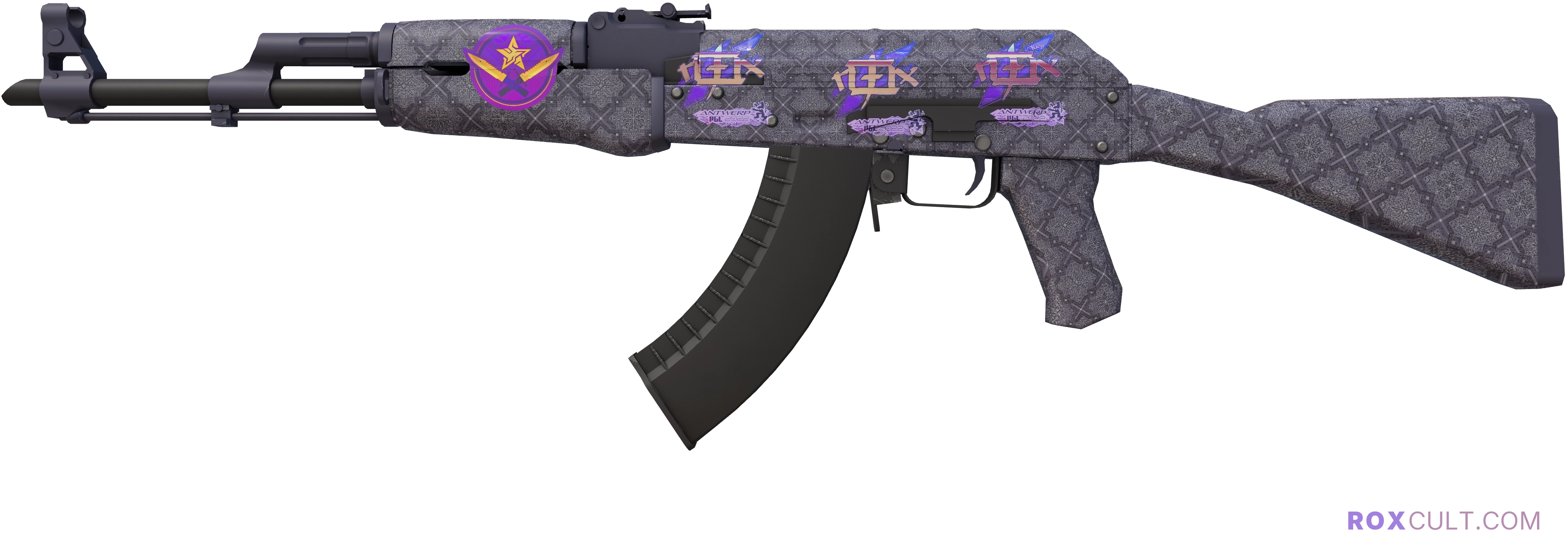 AK-47 | Baroque Purple (Factory New) — rox (Holo) Antwerp 2022 craft, playside view with 3 rox (Holo) stickers