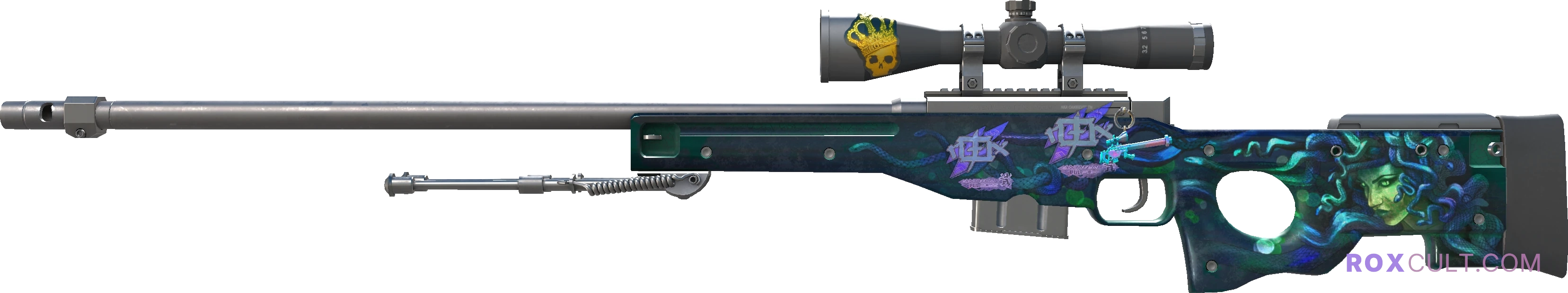 AWP | Medusa (Battle-Scarred) — rox (Holo) Antwerp 2022 craft, playside view with 2 rox (Holo) stickers