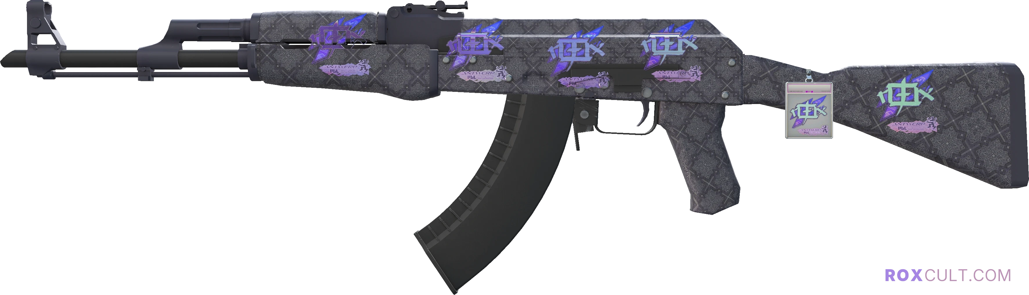 AK-47 | Baroque Purple (Factory New) — rox (Holo) Antwerp 2022 craft, playside view with 5 rox (Holo) stickers