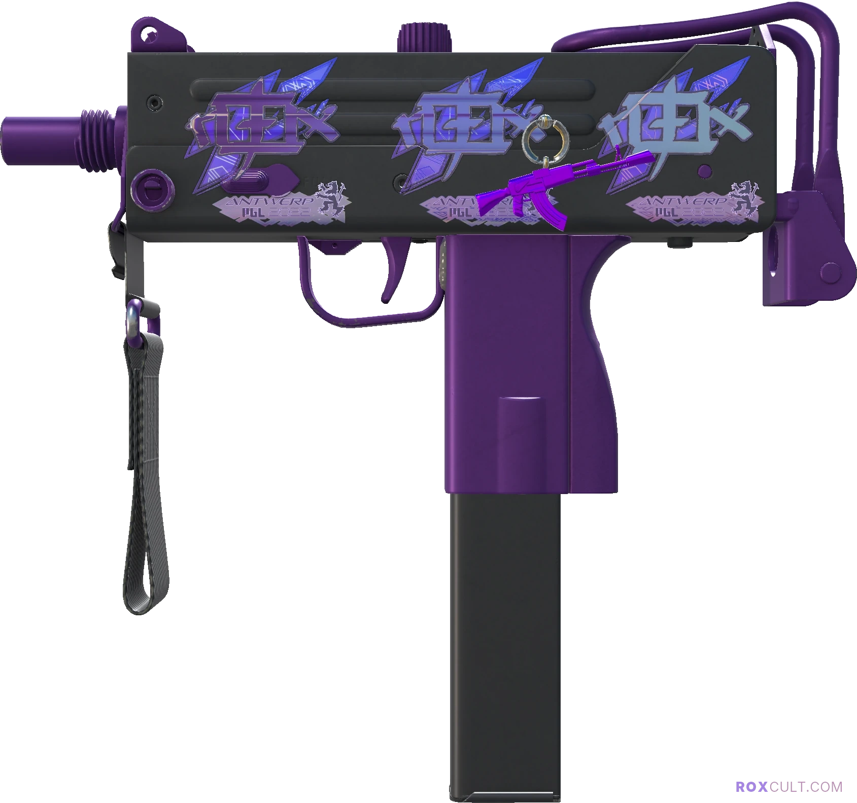 MAC-10 | Ultraviolet (Factory New) — rox (Holo) Antwerp 2022 craft, playside view with 3 rox (Holo) stickers