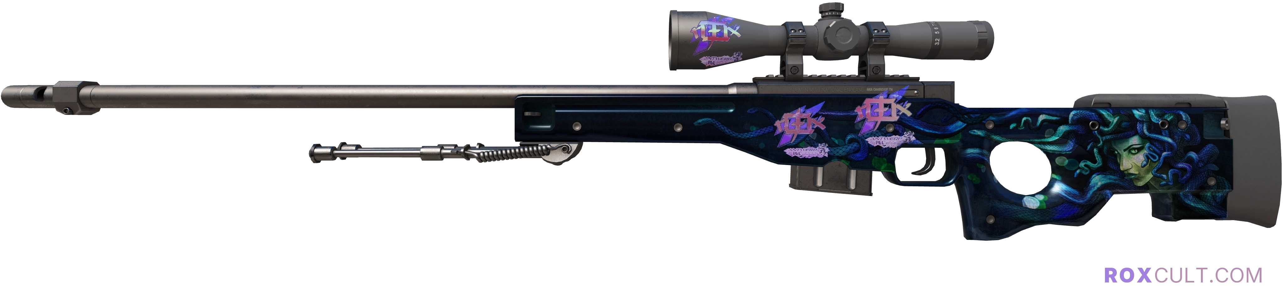 AWP | Medusa (Field-Tested) — rox (Holo) Antwerp 2022 craft, playside view with 3 rox (Holo) stickers