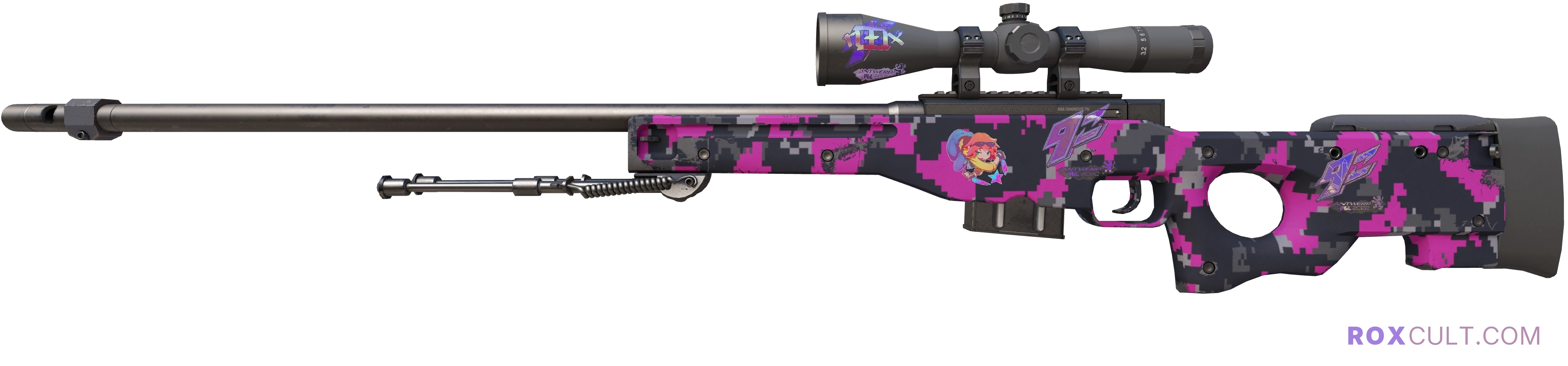 AWP | Pink DDPAT (Minimal Wear) — rox (Holo) Antwerp 2022 craft, playside view with 1 rox (Holo) sticker