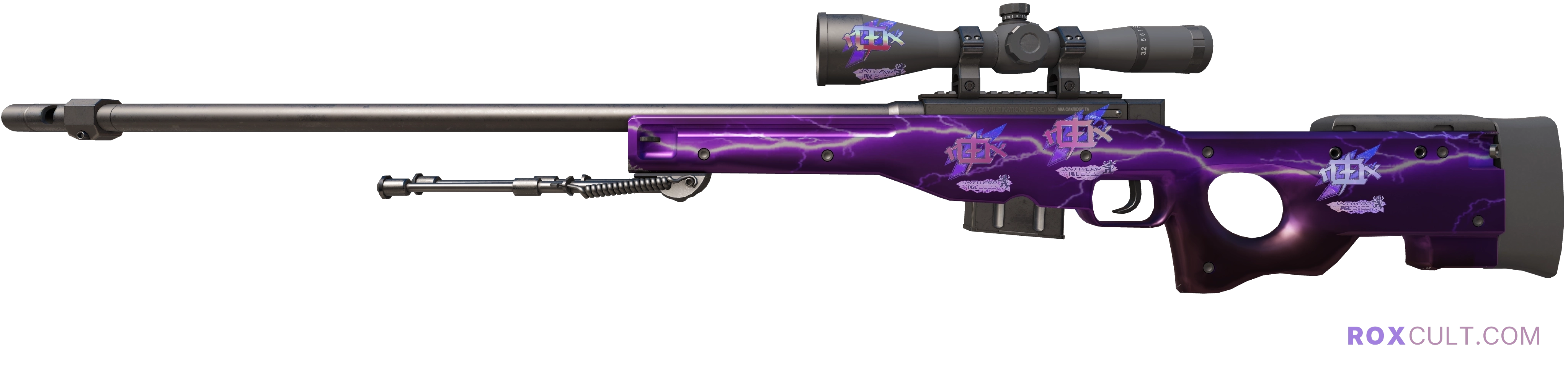 AWP | Lightning Strike (Factory New) — rox (Holo) Antwerp 2022 craft, playside view with 4 rox (Holo) stickers